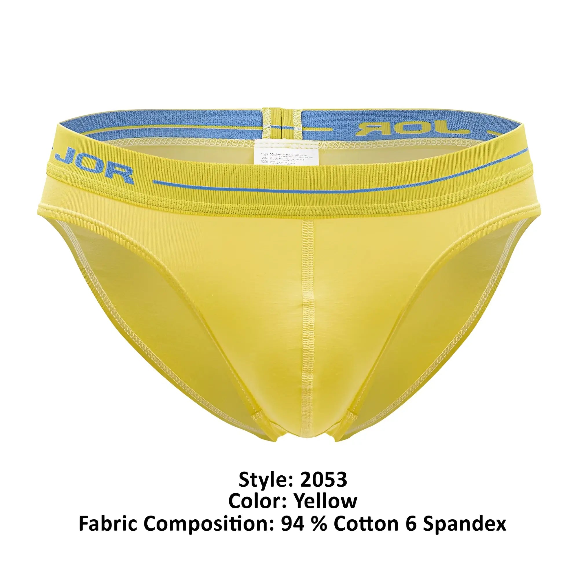 Yellow jor 2053 daily bikini briefs with blue waistband and subtle stitching details front view