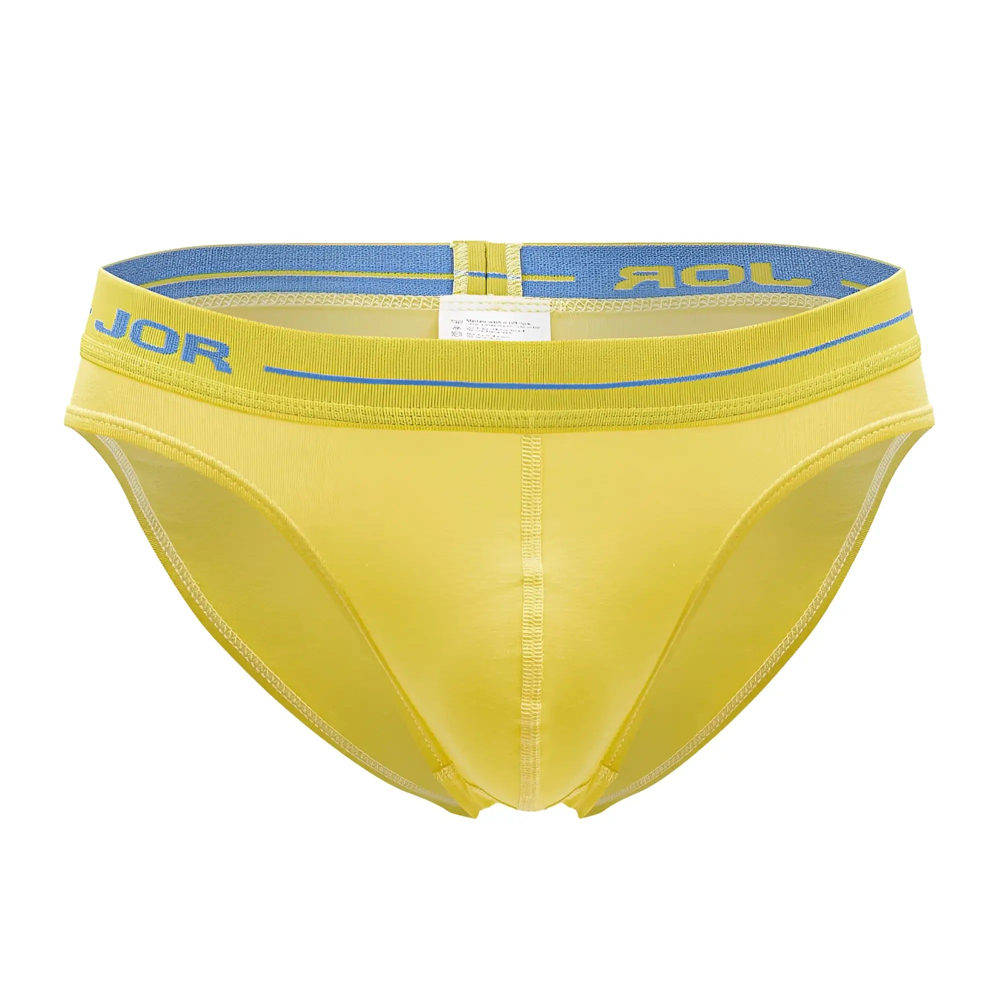 Bright yellow jor 2053 daily bikini briefs with blue elastic waistband featuring jor logo in matching blue letters