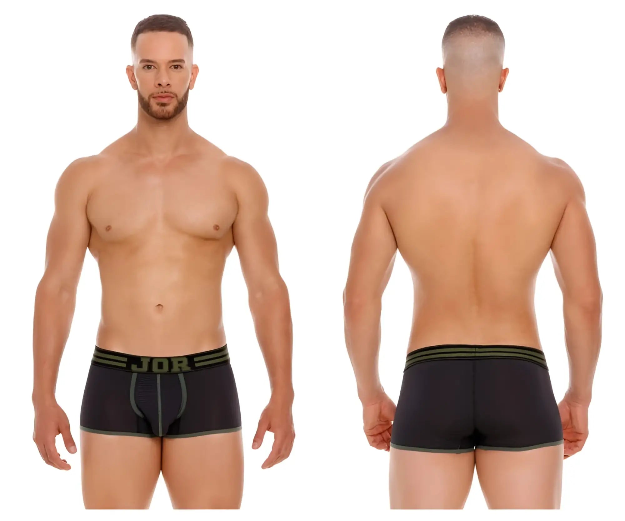 Black jor 2056 college trunks boxer briefs with olive green trim and subtle textured pattern in front view