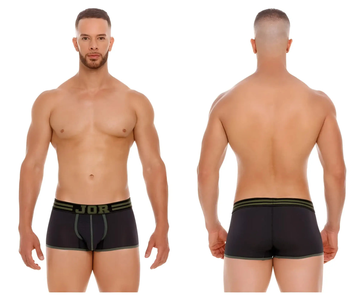 Black jor 2056 college trunks boxer briefs with olive green trim and subtle textured pattern in front view