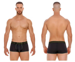 Black jor 2056 college trunks boxer briefs with olive green trim and subtle textured pattern in front view
