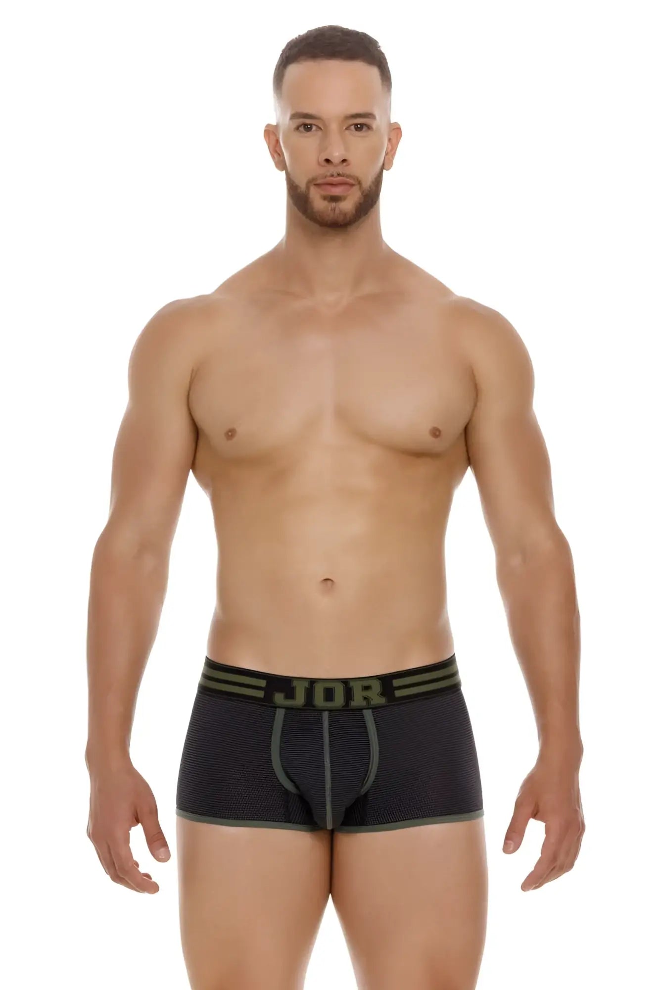 Black JOR 2056 College trunks boxer briefs with olive green trim and subtle textured pattern for comfortable wear