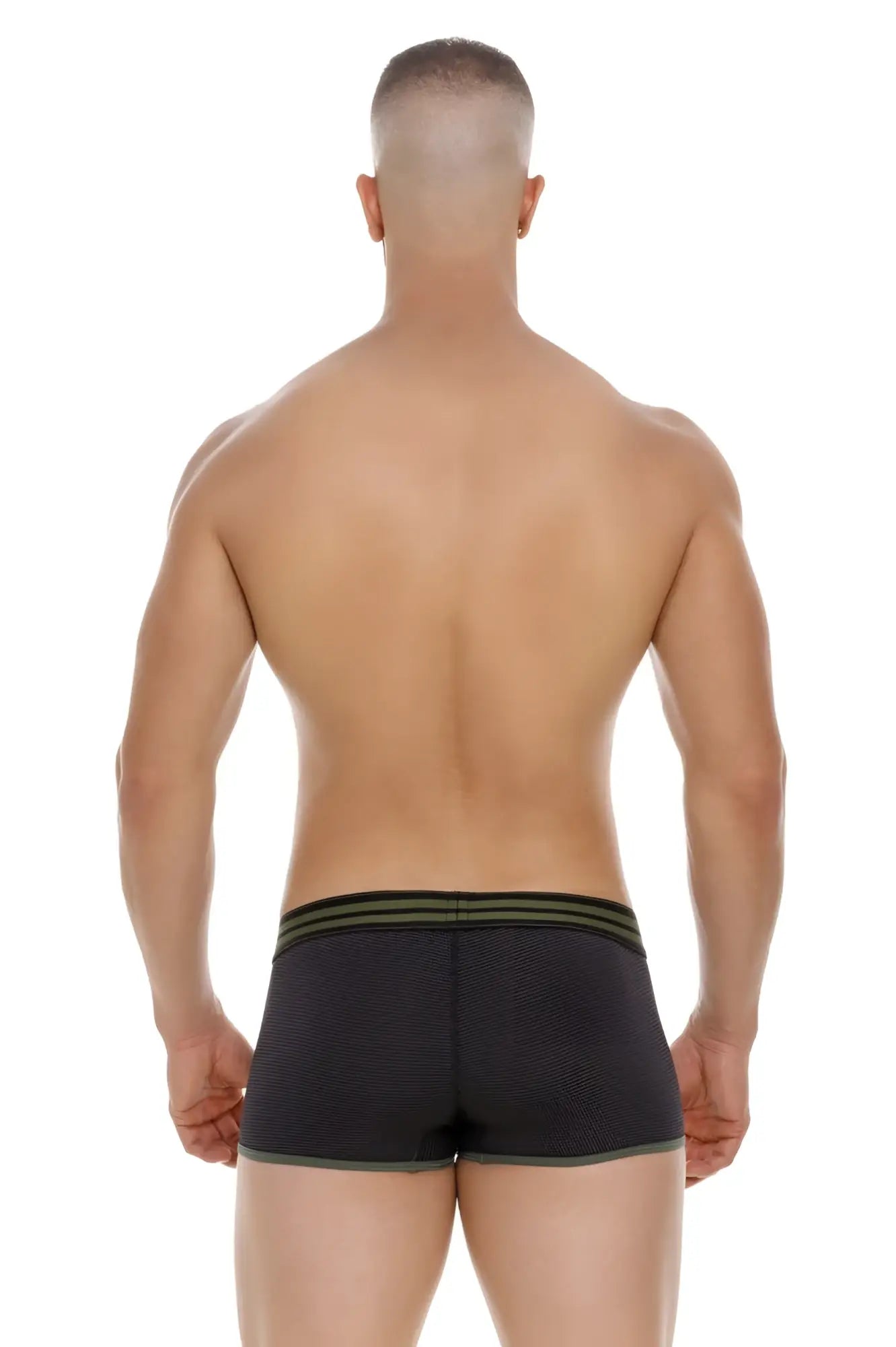 Black jor 2056 college trunks briefs with textured fabric olive green trim and three stripes on the waistband