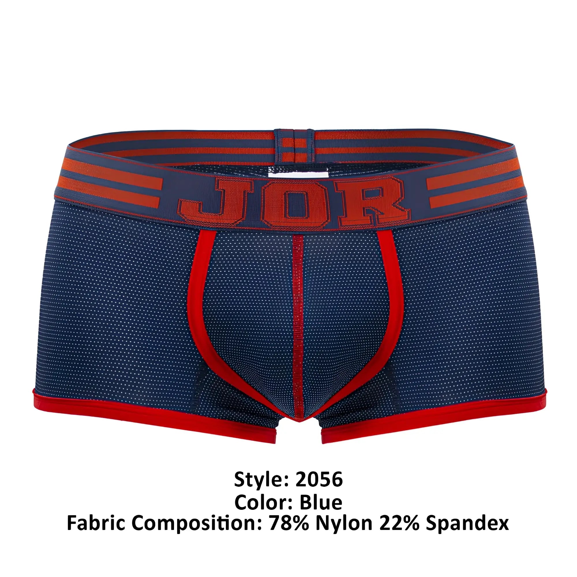 Blue jor 2056 college trunks briefs in blue with red trim made of 78% nylon and 22% spandex textured fabric