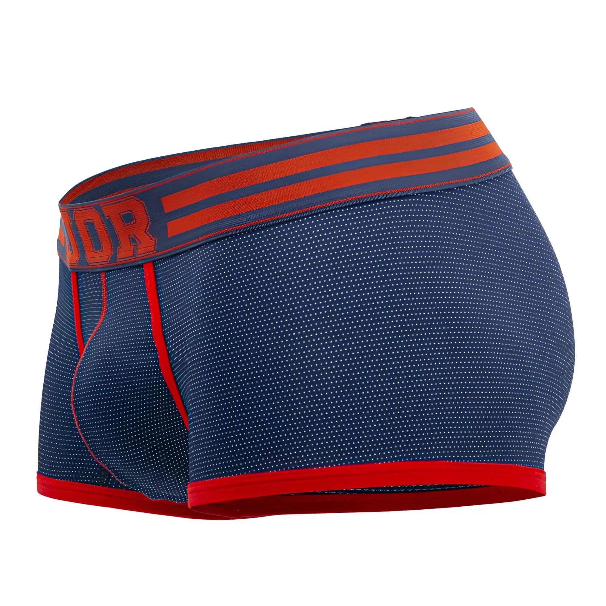 Navy blue JOR 2056 College trunks boxer briefs with red trim and orange branded waistband front view