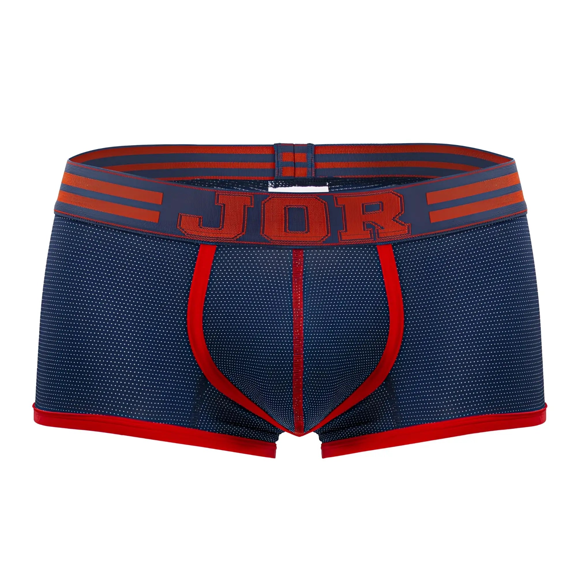 Navy blue and red jor 2056 college trunks briefs with textured fabric bold waistband lettering and matching red trim
