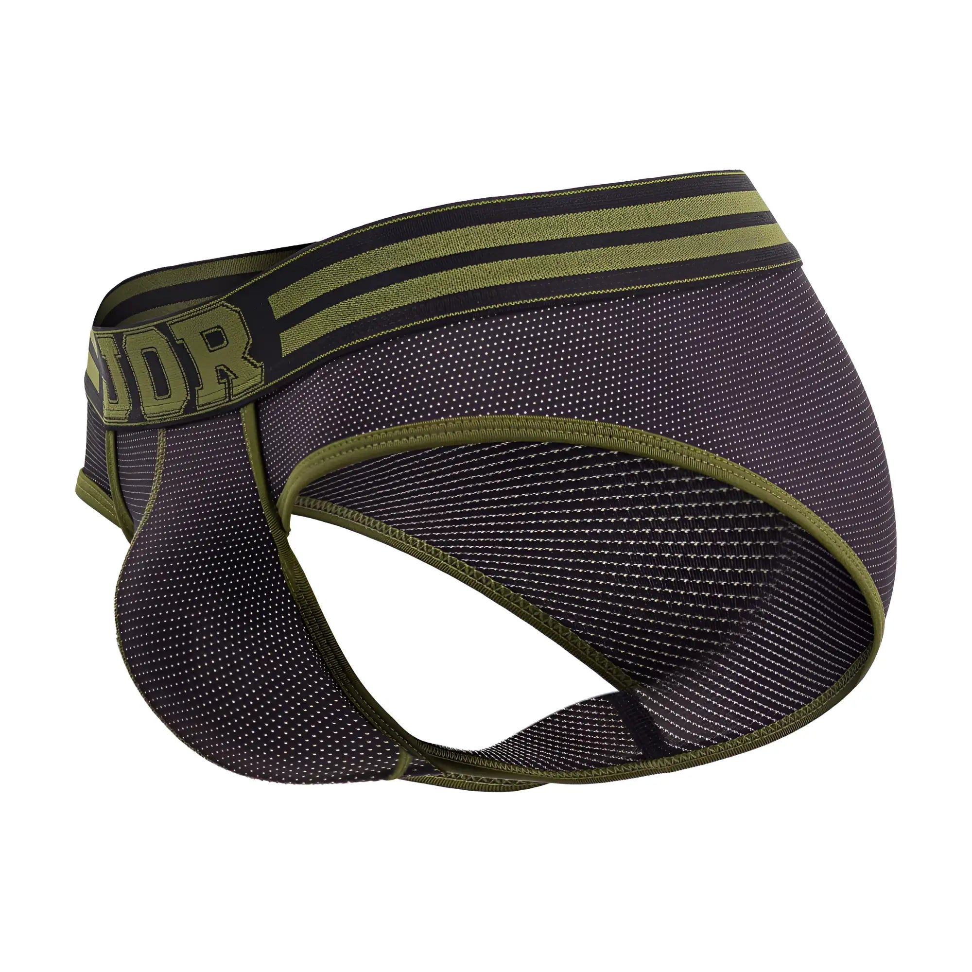 Dark olive and black mesh jor 2057 college briefs with a bold green stripe waistband featuring the dor logo