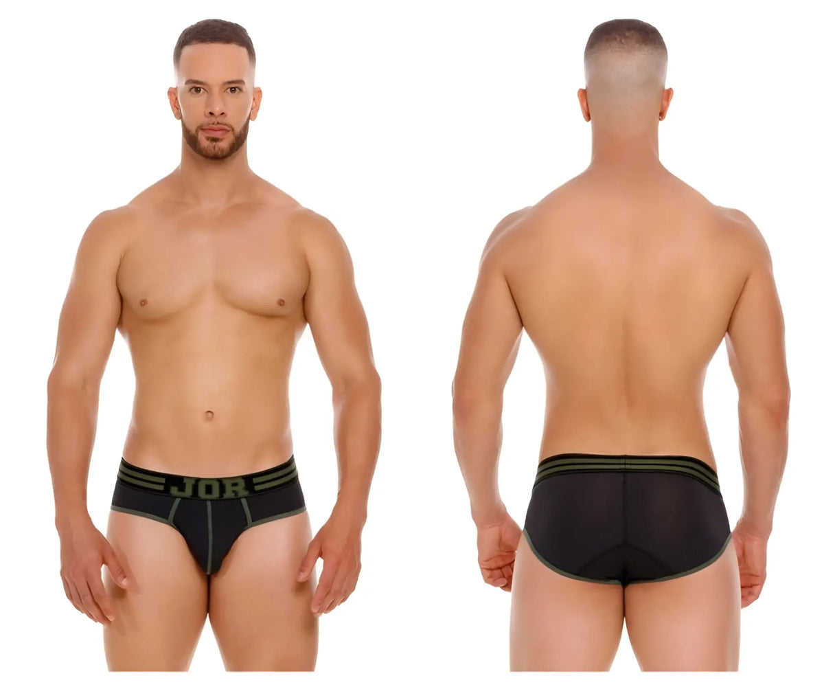 Black jor 2057 college briefs with olive green trim made of textured mesh fabric for breathable comfort