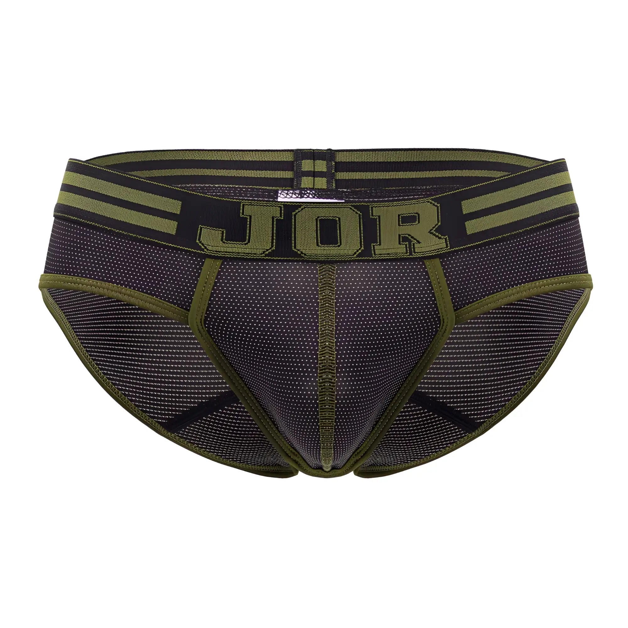Olive green and black mesh jor 2057 college briefs with bold logo on the waistband in black color