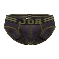 Olive green and black mesh jor 2057 college briefs with bold logo on the waistband in black color