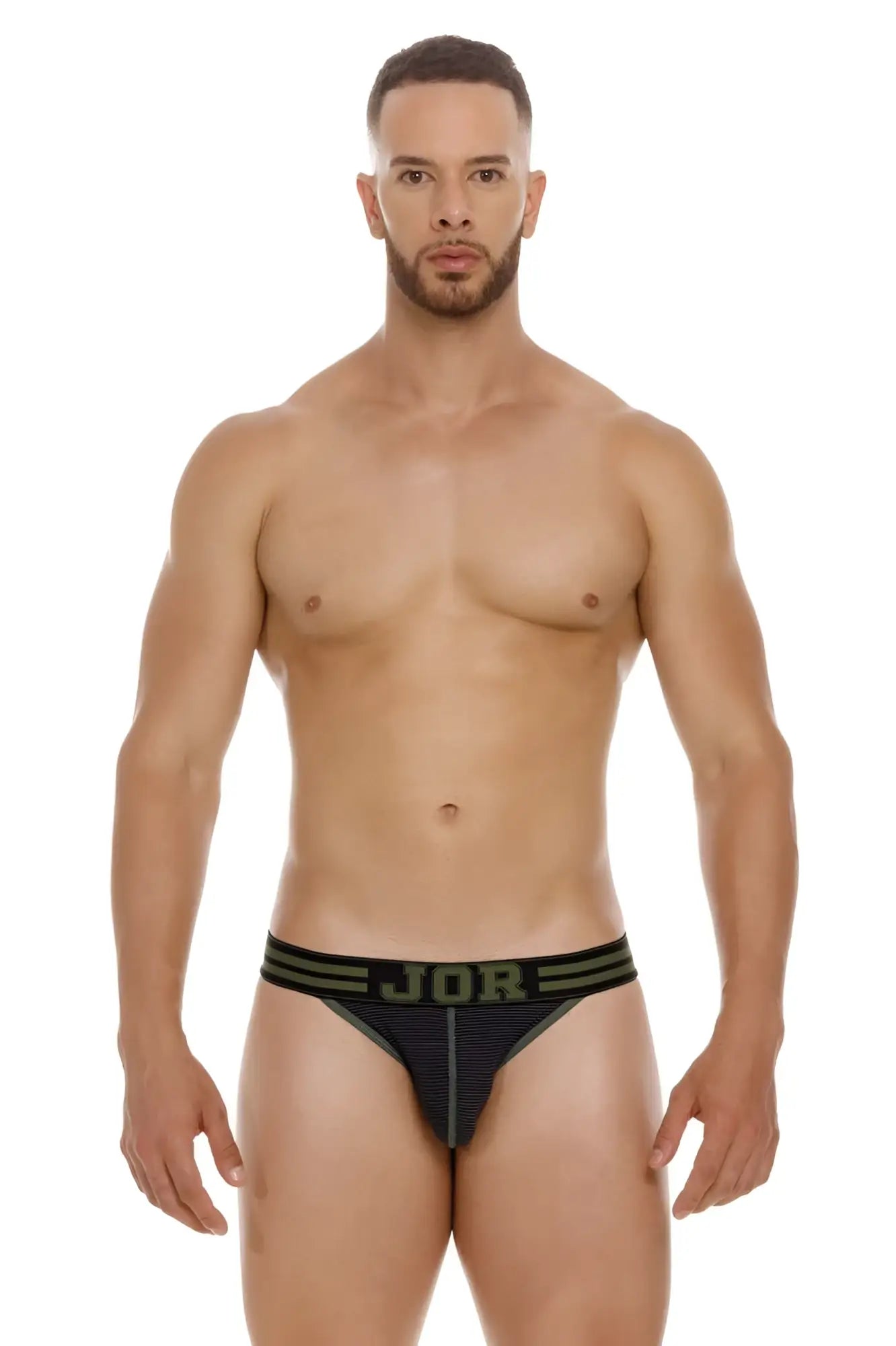 Black jor 2058 college bikini briefs with olive green stripes and lettering in a comfortable fabric
