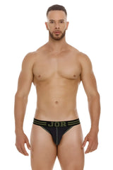 Black jor 2058 college bikini briefs with olive green stripes and lettering in a comfortable fabric