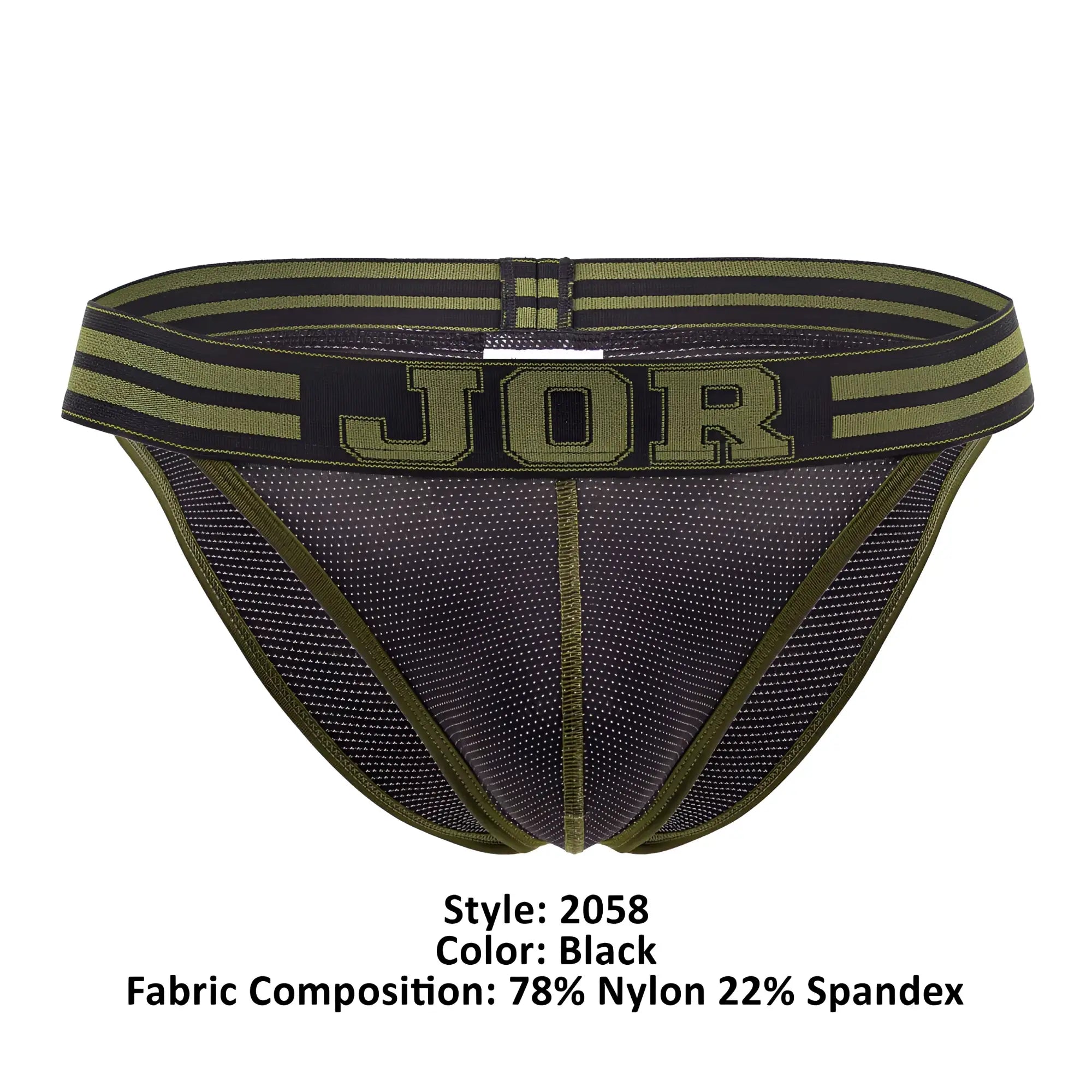 Black jor 2058 college bikini briefs with olive green striped waistband and breathable mesh fabric front view