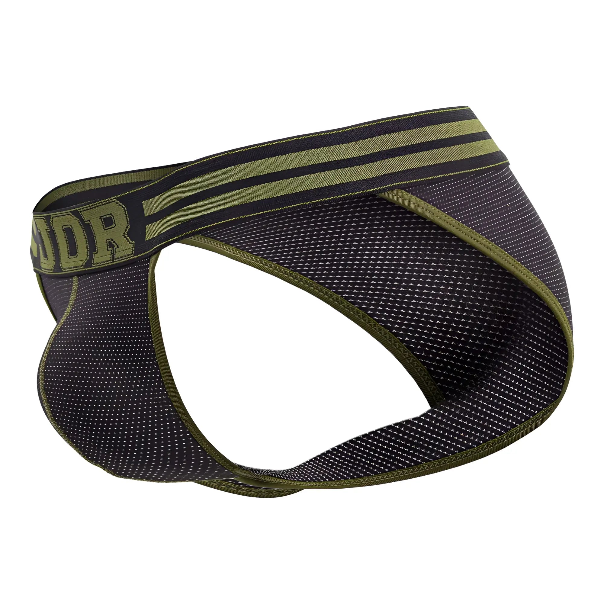 Black and olive green mesh briefs with branded waistband jor 2058 college bikini in black showing front view