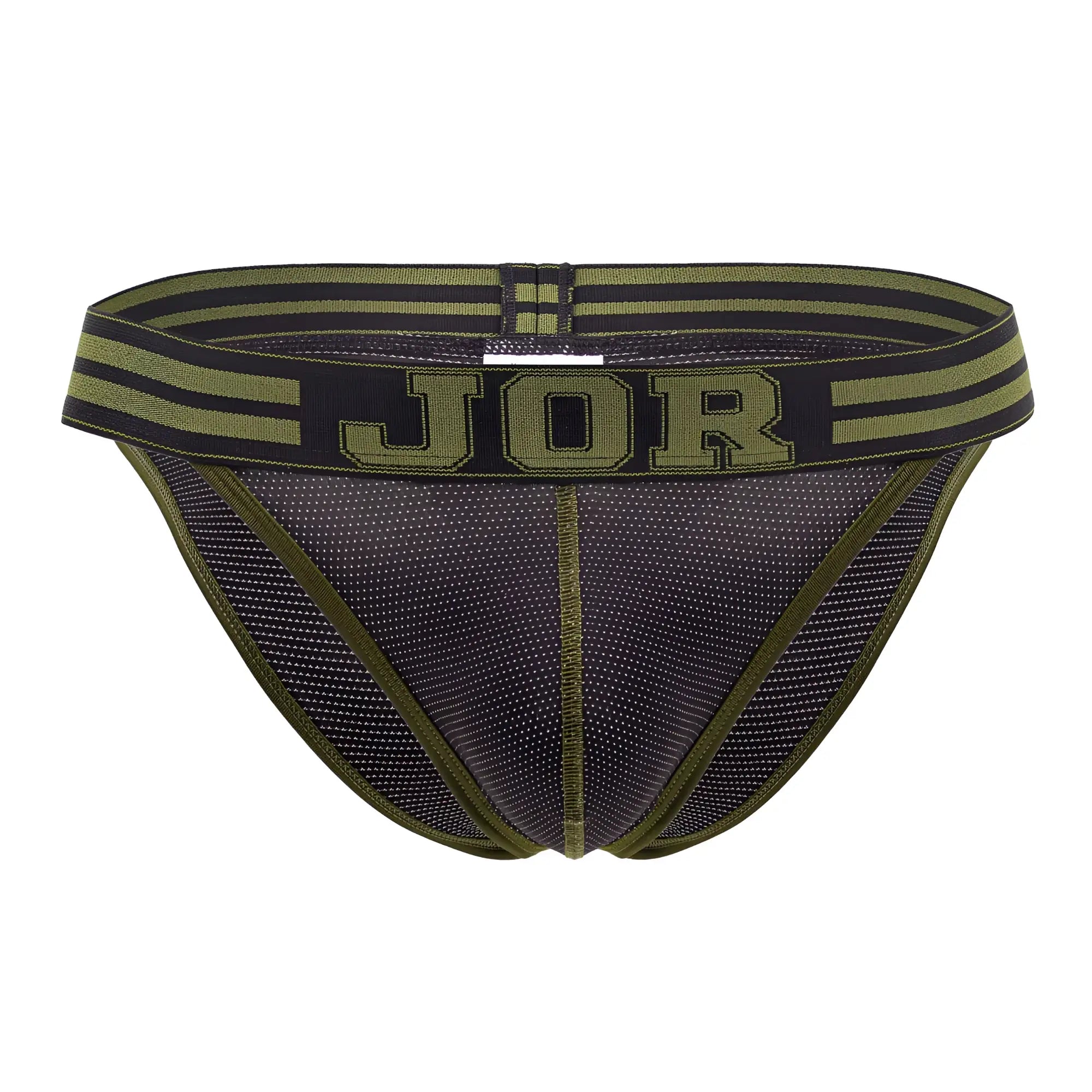 Olive green and black mesh briefs with a striped waistband featuring the jor logo from jor 2058 college bikini black