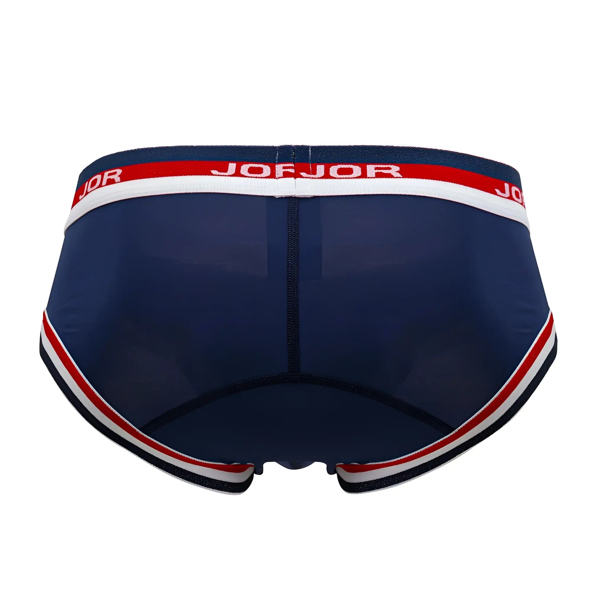 Navy blue joejor mesh briefs with red and white striped trim in the style JOR 2062 sailor briefs color blue