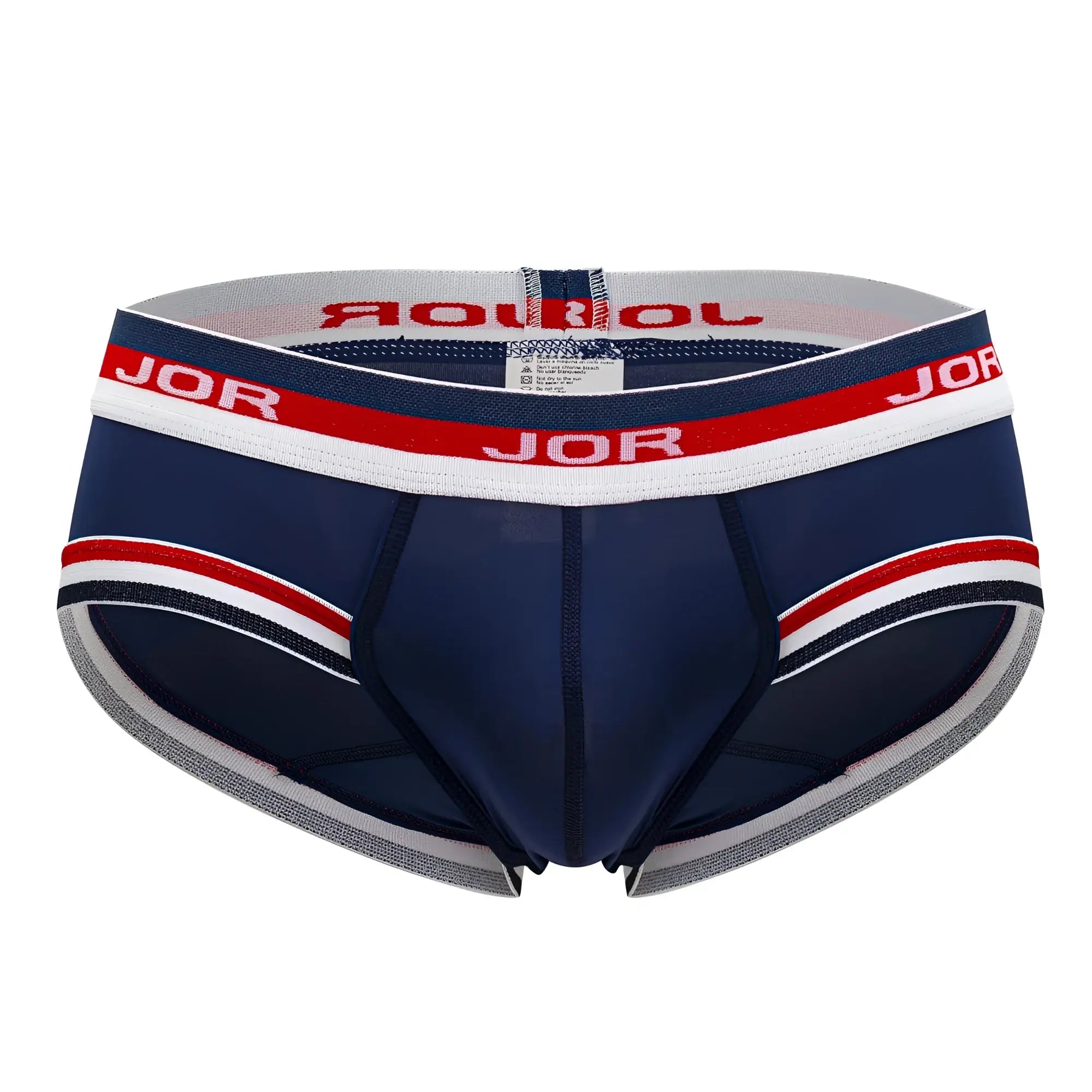 Navy blue jor 2062 sailor briefs with red and white striped trim and matching elastic waistband logo