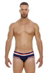 Navy blue jor 2062 sailor briefs with red and white striped trim and jor branding on the waistband