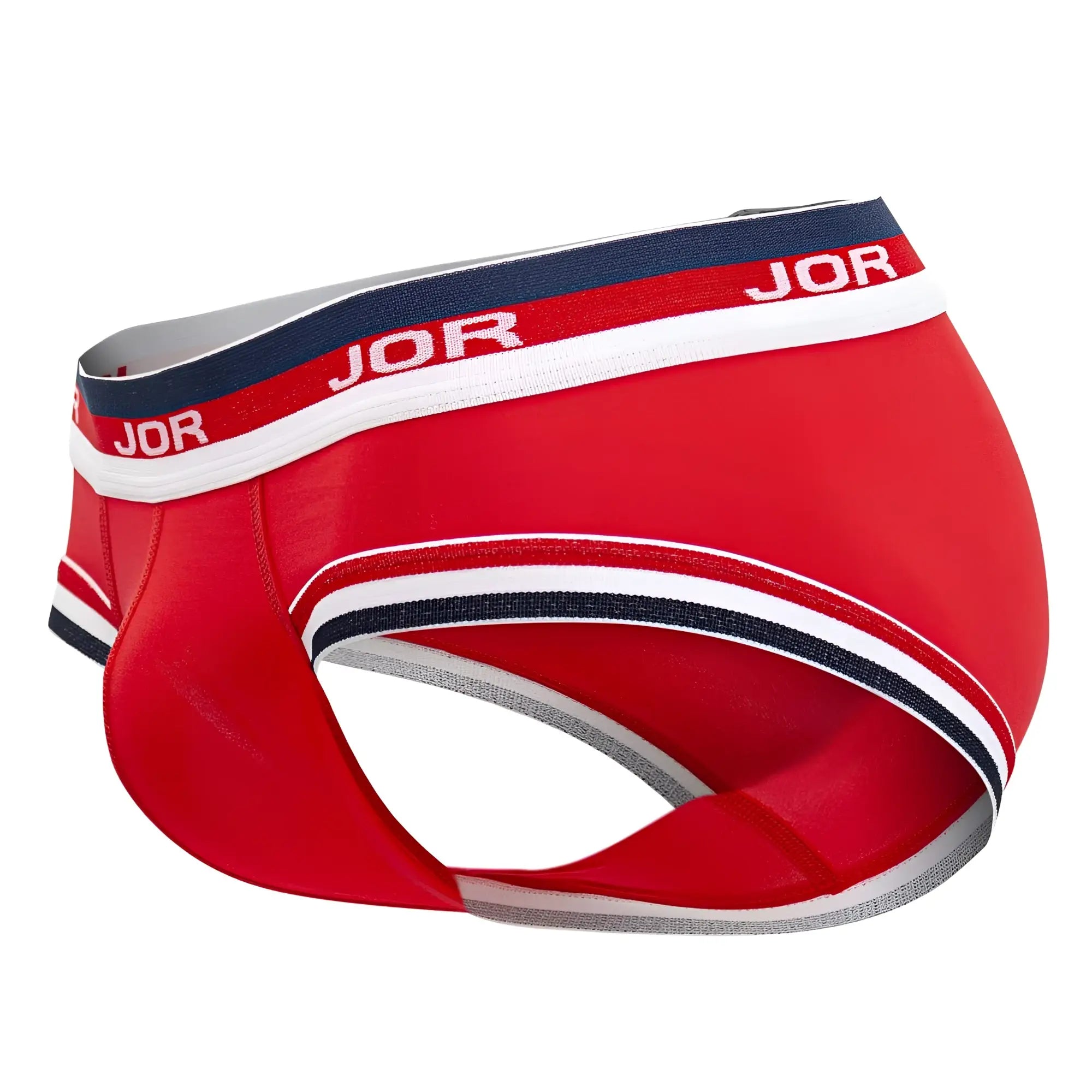 Red jor 2062 sailor briefs for men with navy and white striped trim in red cotton blend material