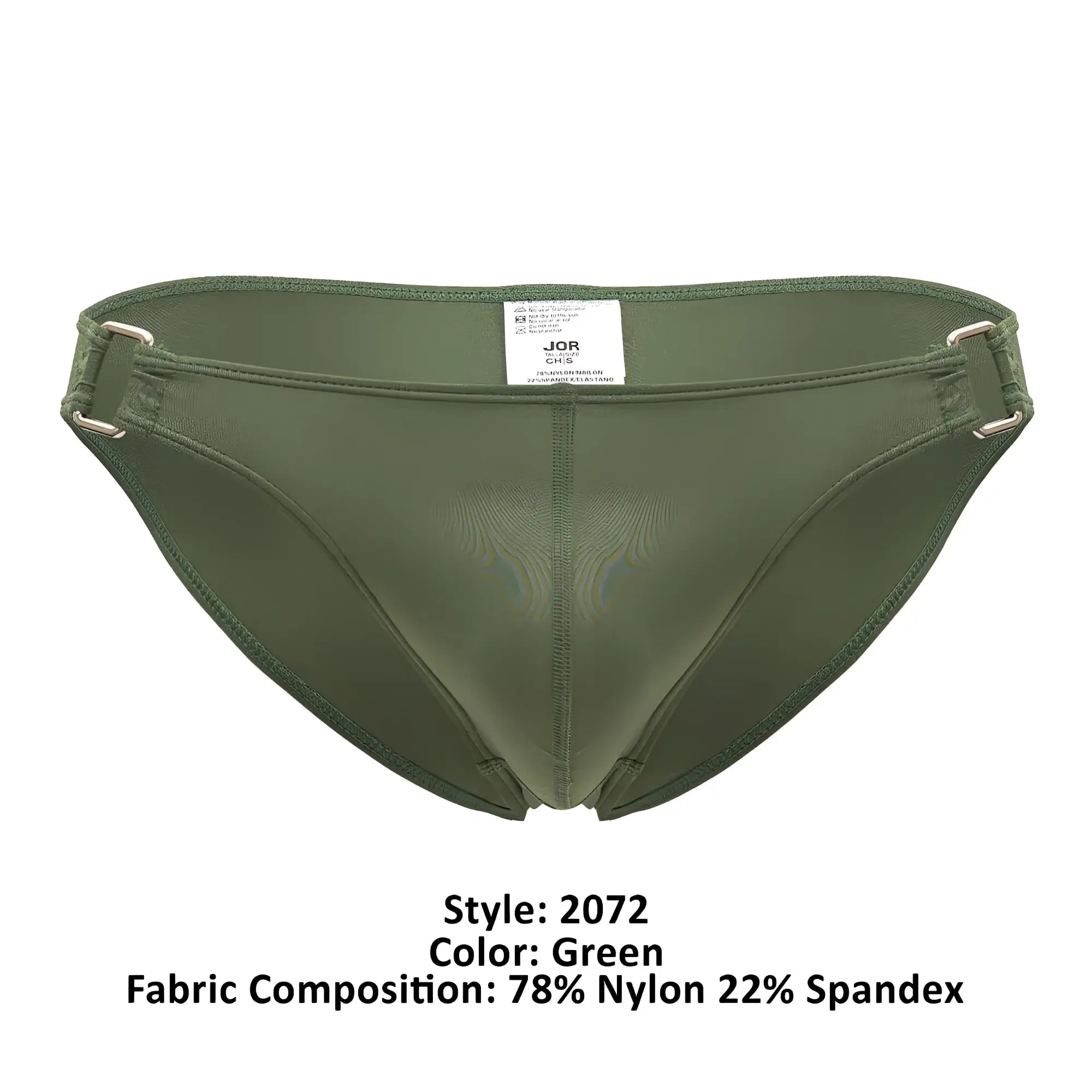 Olive green jor 2072 titan bikini briefs for men made of 78 nylon 22 spandex with metallic silver belt loops