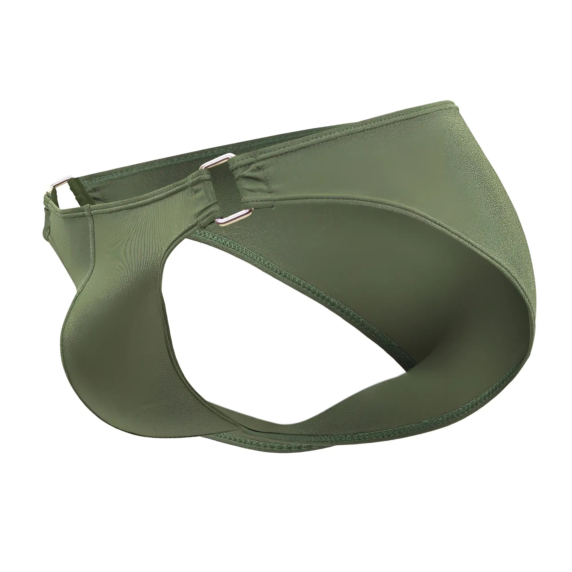 Olive green neoprene swim briefs jor 2072 titan bikini with sleek design and silver metal clasps visible in front view