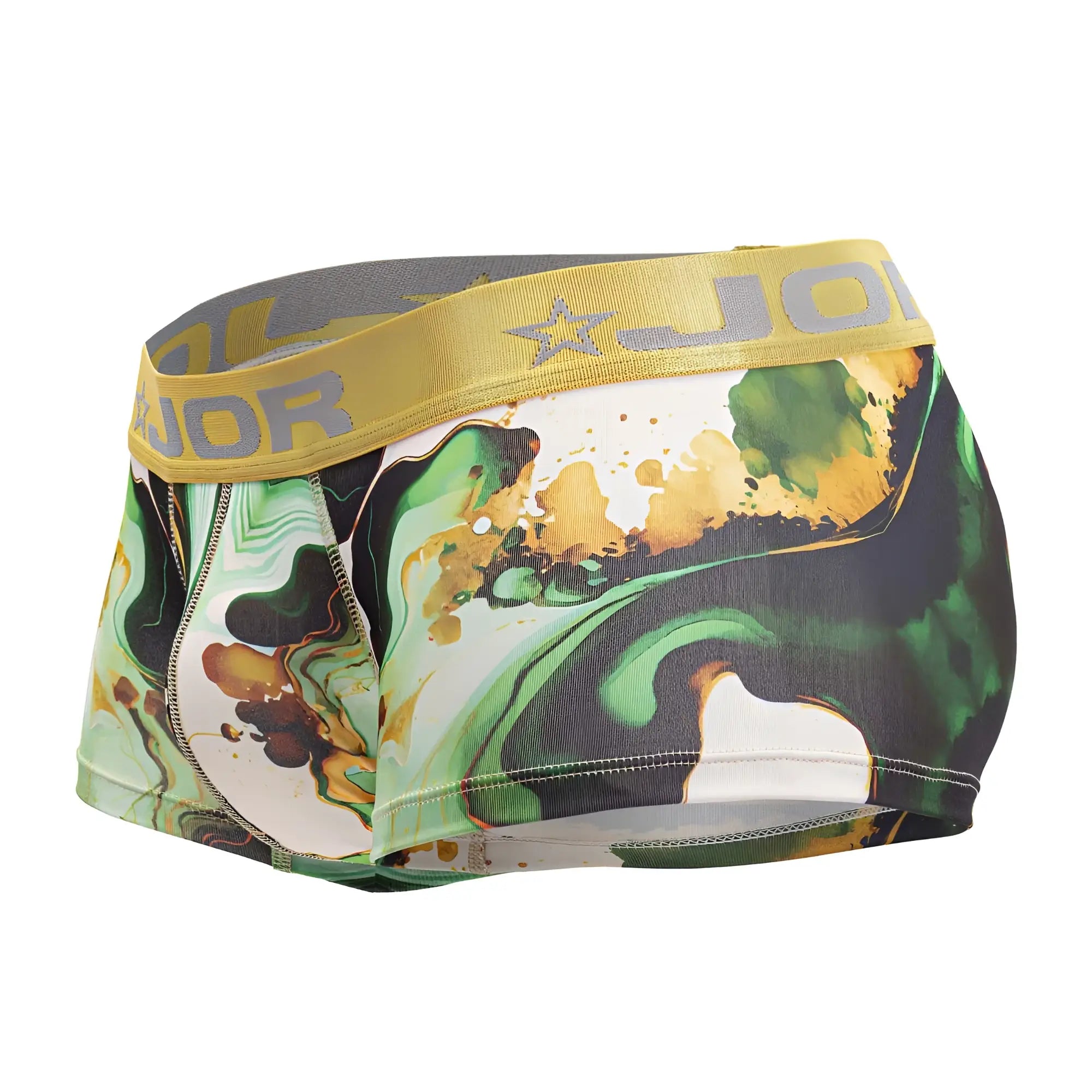 Men’s jor 2080 dublin trunks boxer briefs in green and gold paint-splatter print with yellow logo waistband