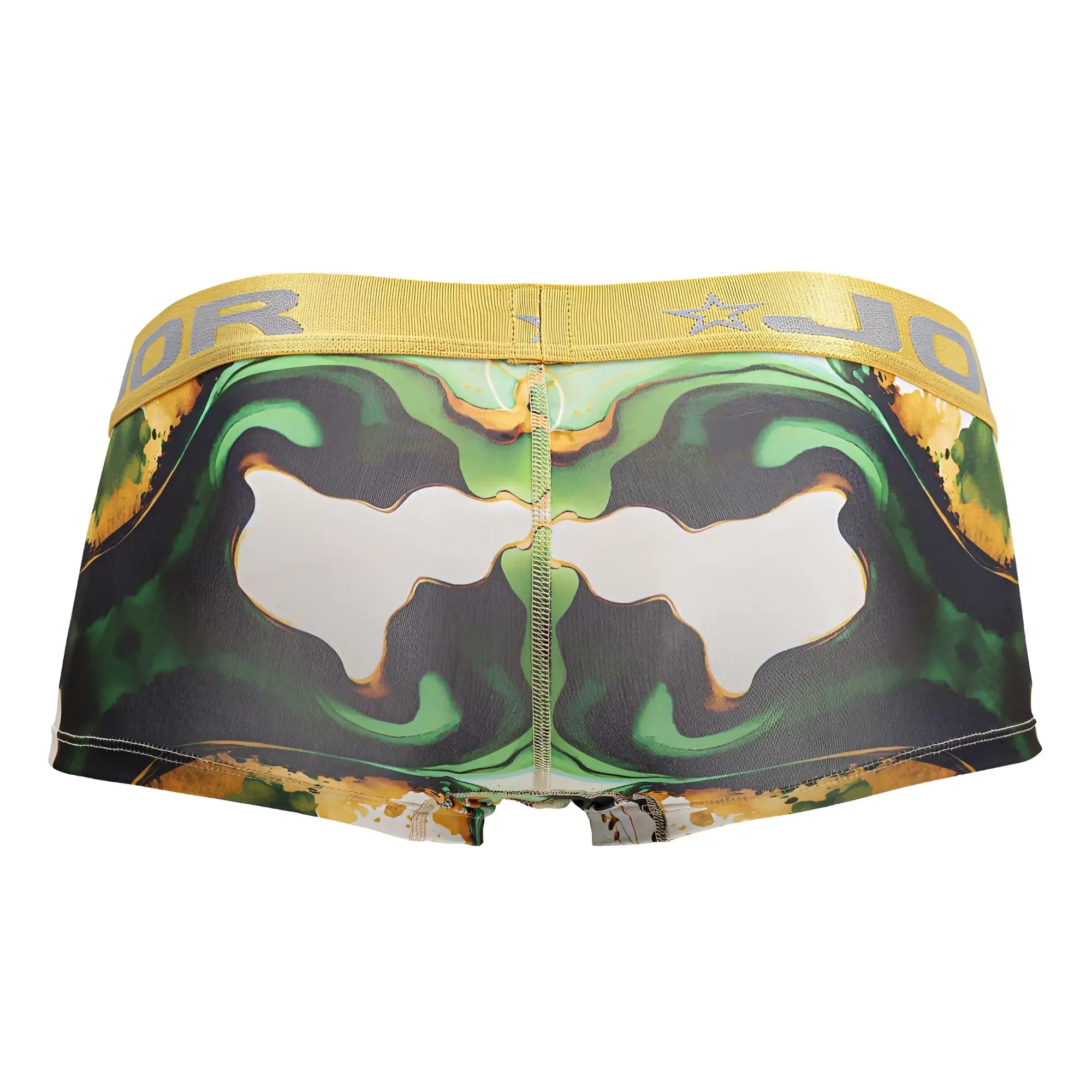 Jor 2080 dublin trunks green and gold abstract patterned men’s briefs with yellow elastic waistband and jor logo