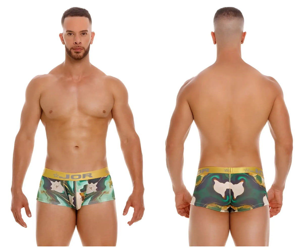 Green and white patterned jor 2080 dublin trunks boxer briefs with gold waistband and jor brand logo