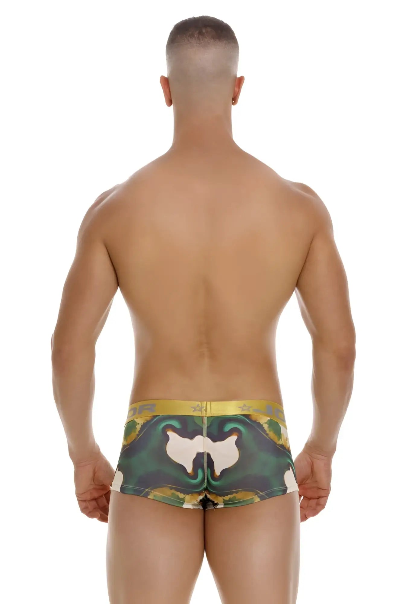 Back side of jor 2080 dublin trunks briefs in green and yellow camouflage with white abstract design printed