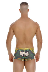 Back side of jor 2080 dublin trunks briefs in green and yellow camouflage with white abstract design printed