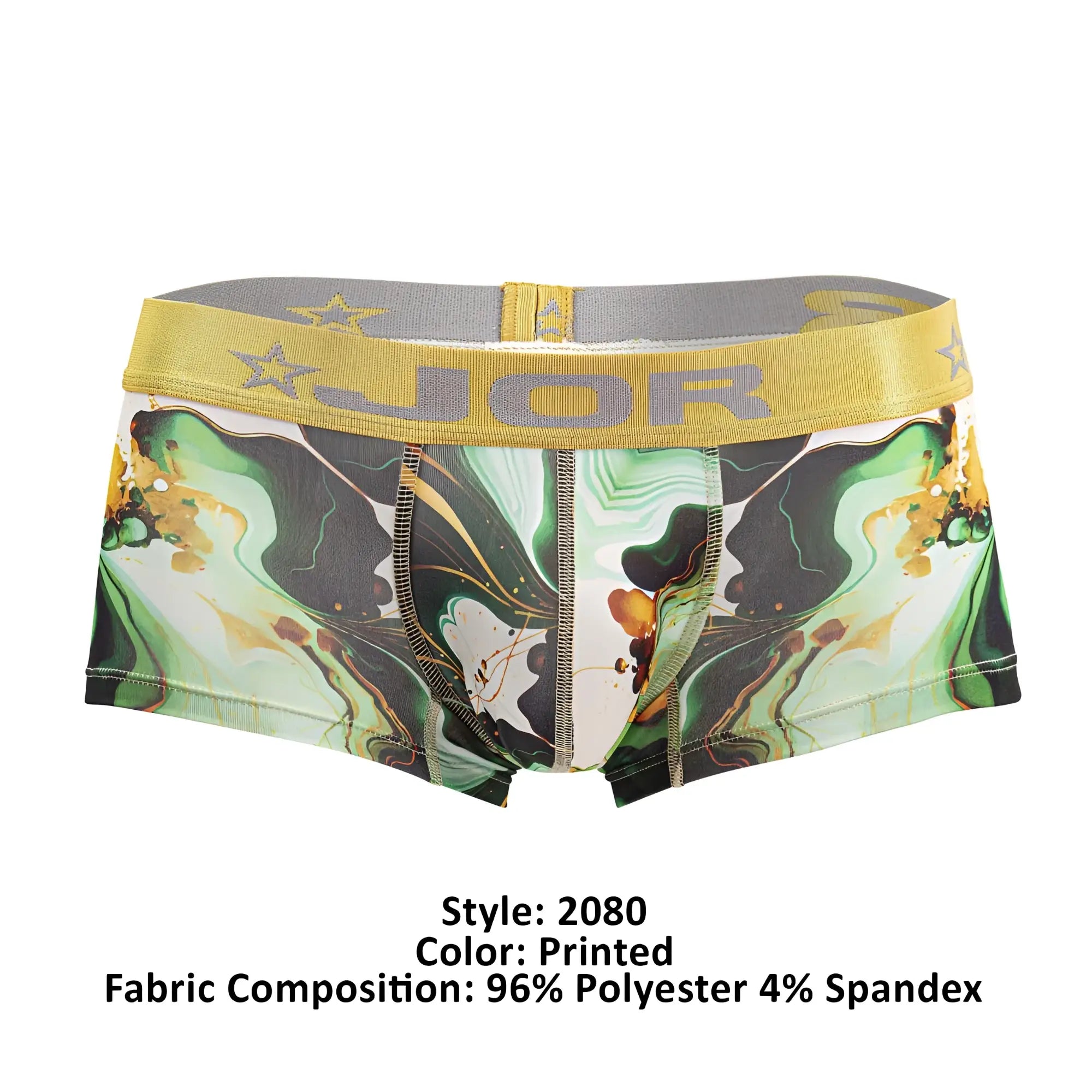 Printed men’s briefs jor 2080 dublin trunks in green black and gold marble with yellow jor logo waistband