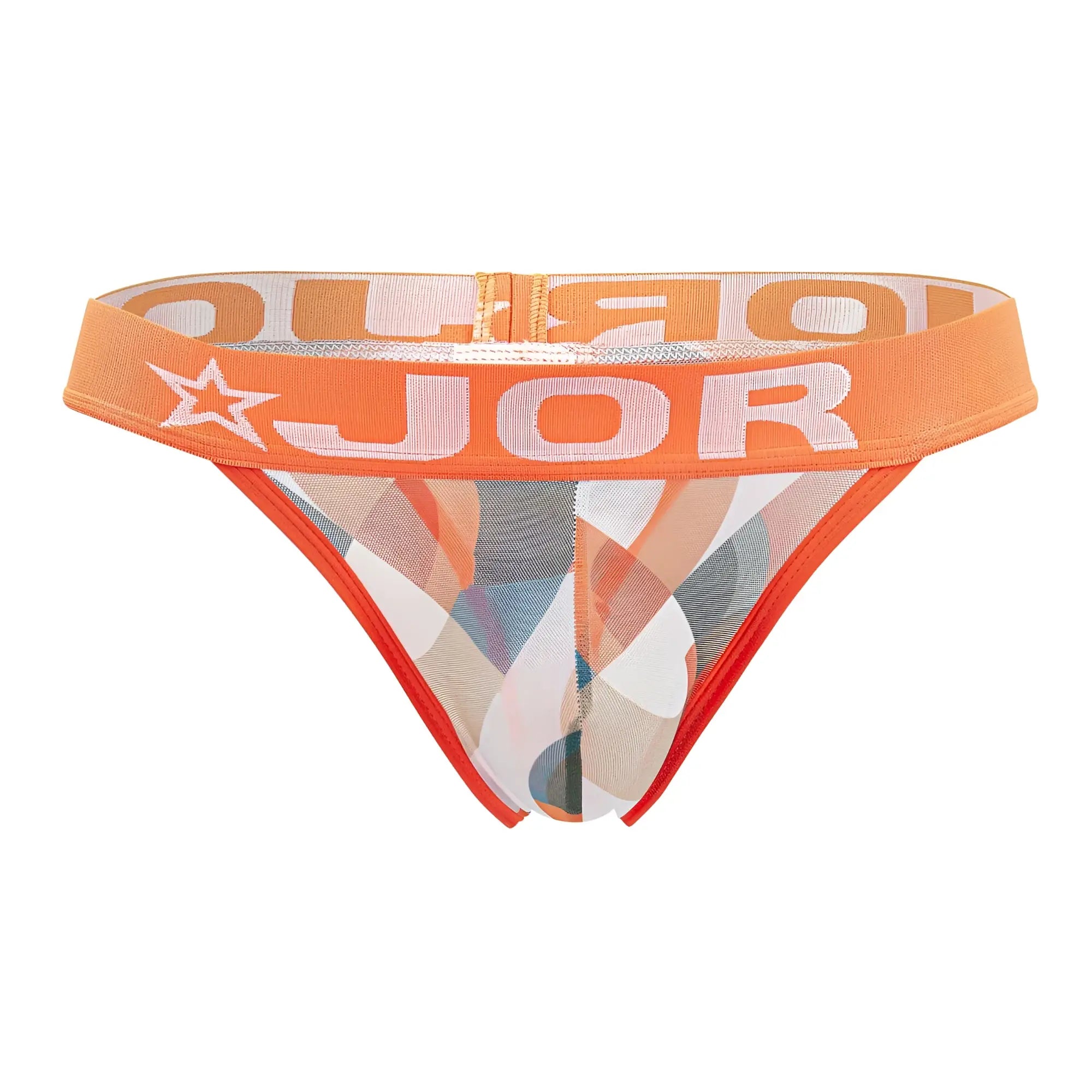 Jor 2095 boreal thong in orange and white mesh fabric with star logo on waistband and printed pattern