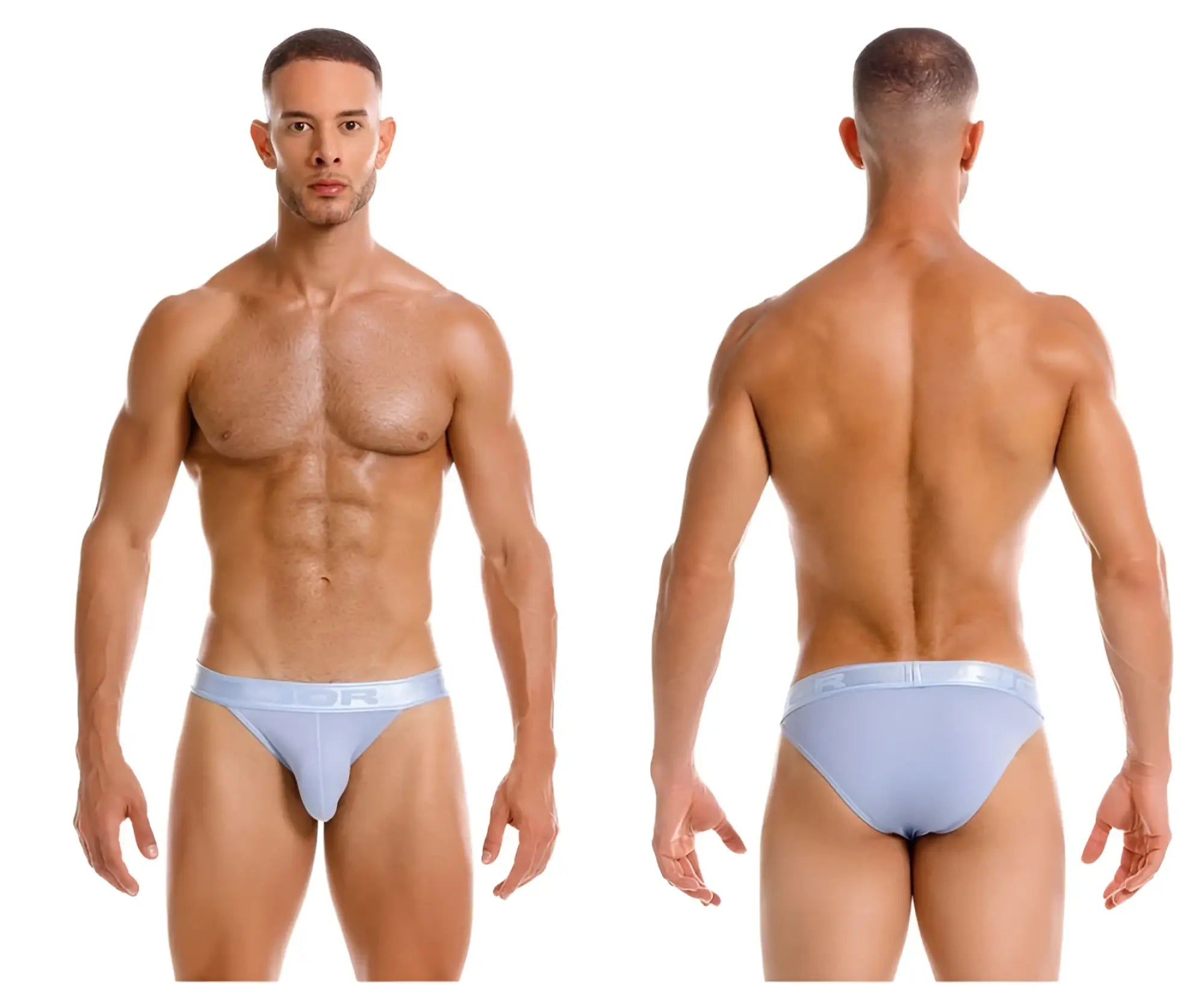 Light blue jor 2142 element bikini men’s briefs with smooth stretchy fabric and subtle logo on waistband front view