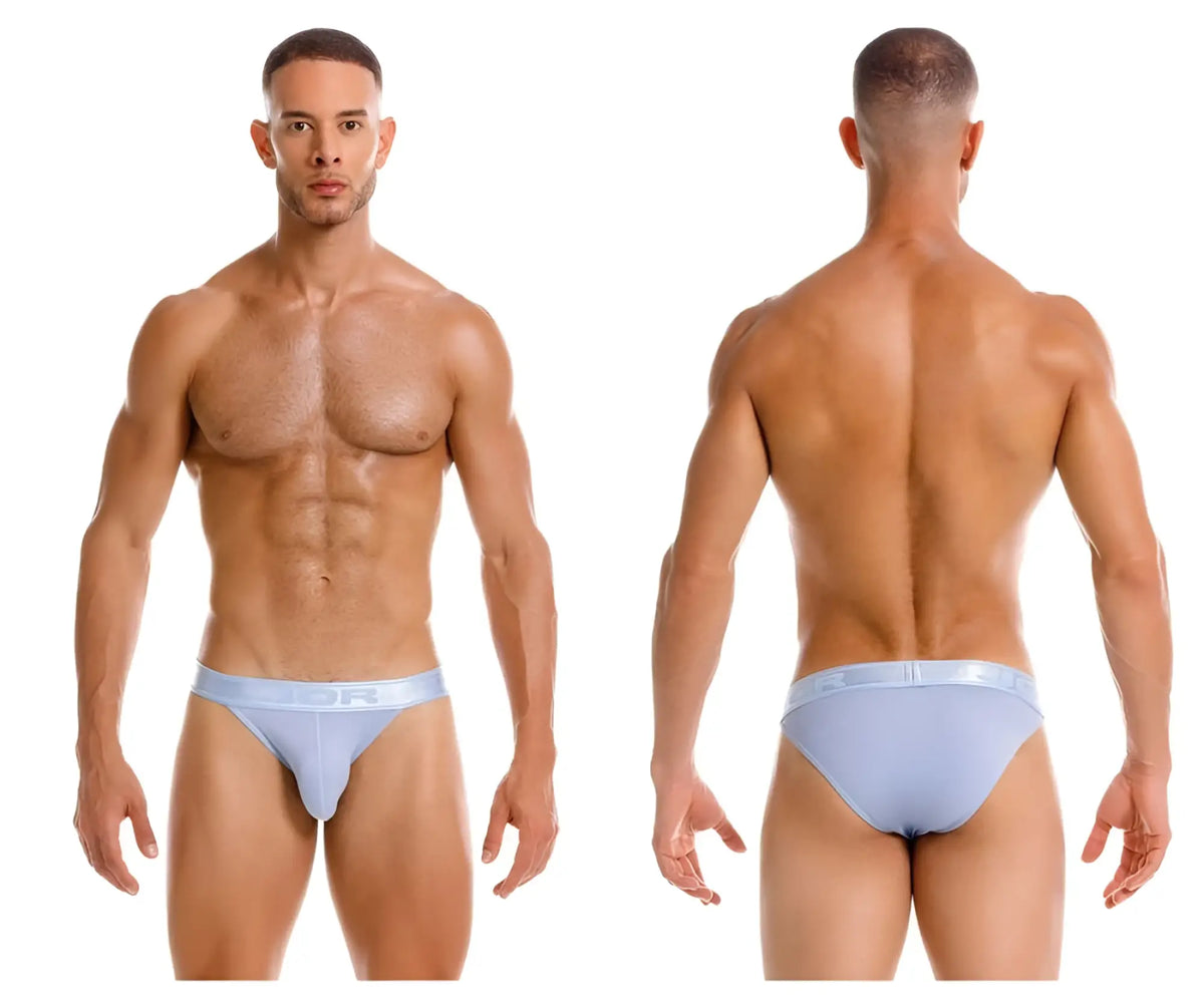 Light blue jor 2142 element bikini men’s briefs with smooth stretchy fabric and subtle logo on waistband front view