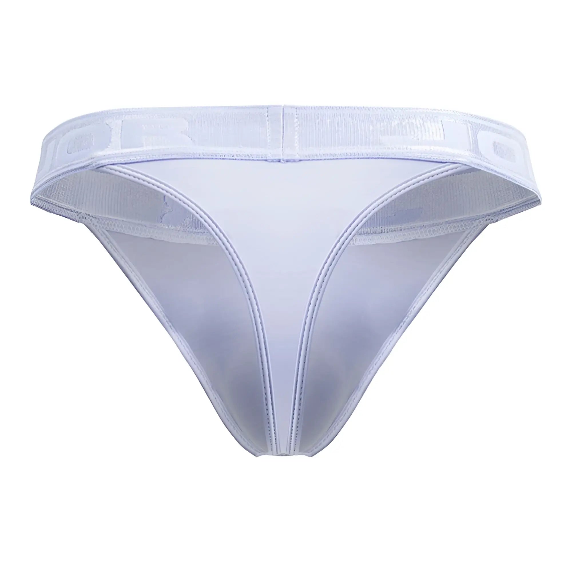 White sheer mesh thong with wide translucent waistband and subtle embossed branding in light blue jor 2144 element design