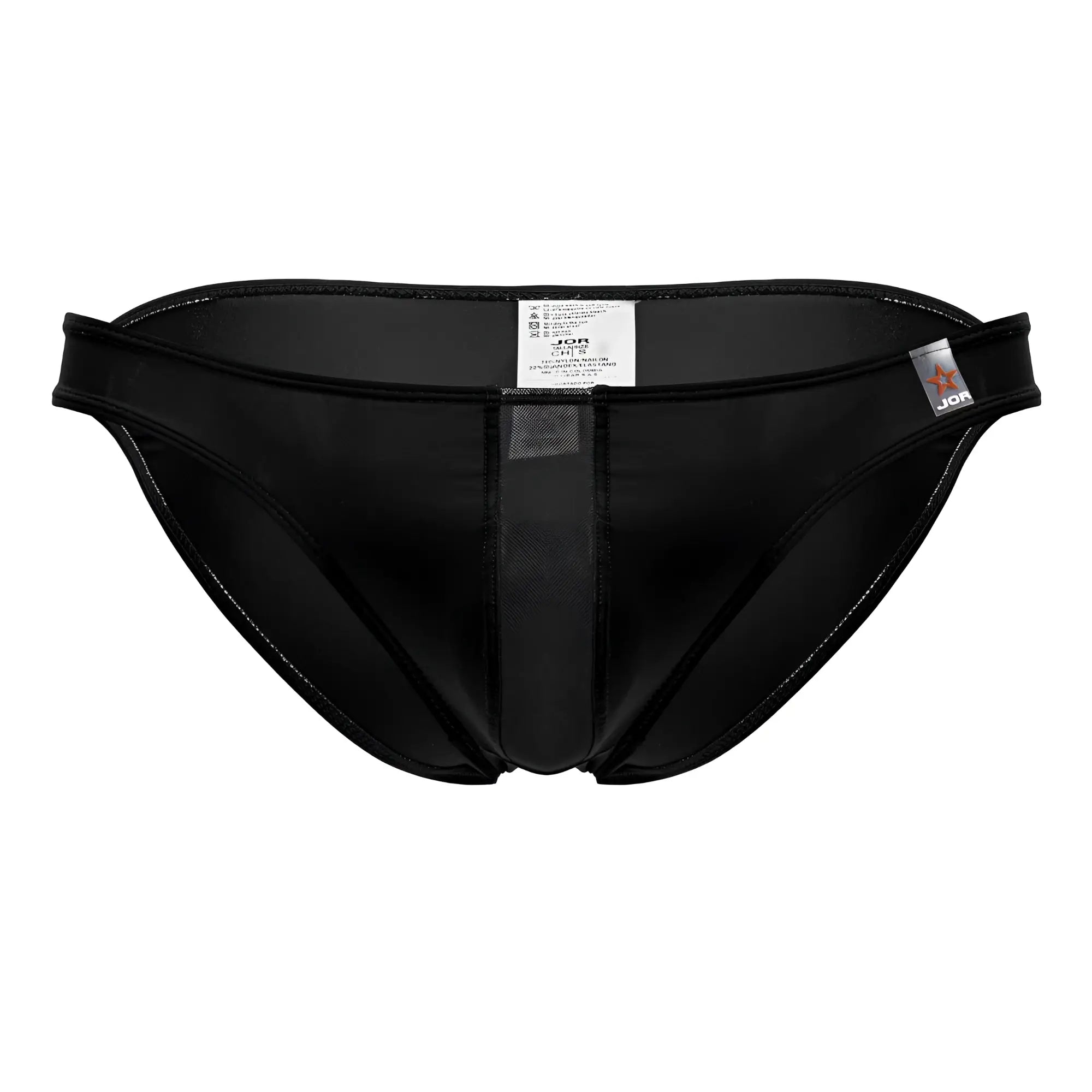 Black Jor 2150 Apolo bikini swim trunks with sleek glossy finish and central seam detail in front view