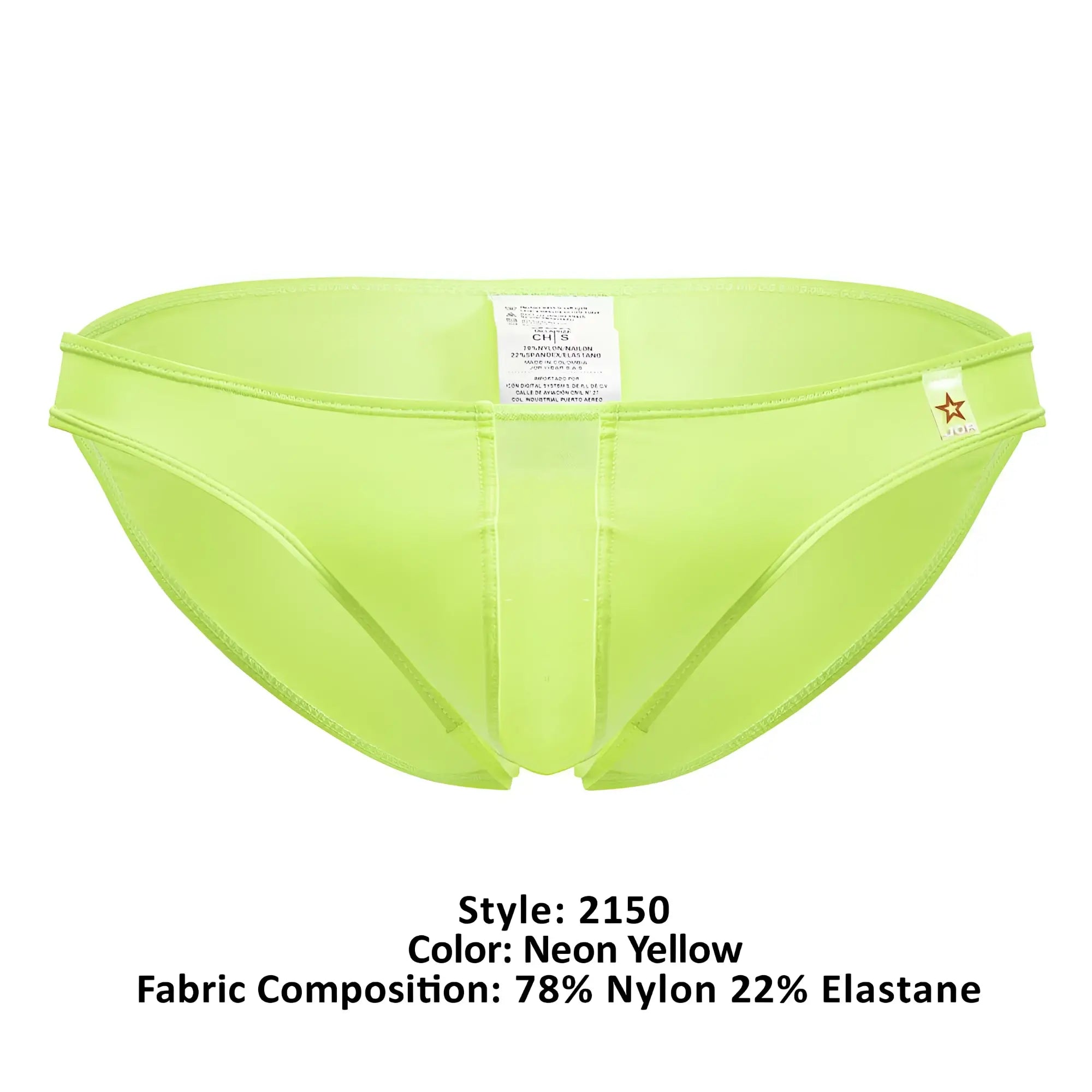 Neon yellow jor 2150 apolo bikini men’s swim trunks made of 78% nylon and 22% elastane with a sleek fit