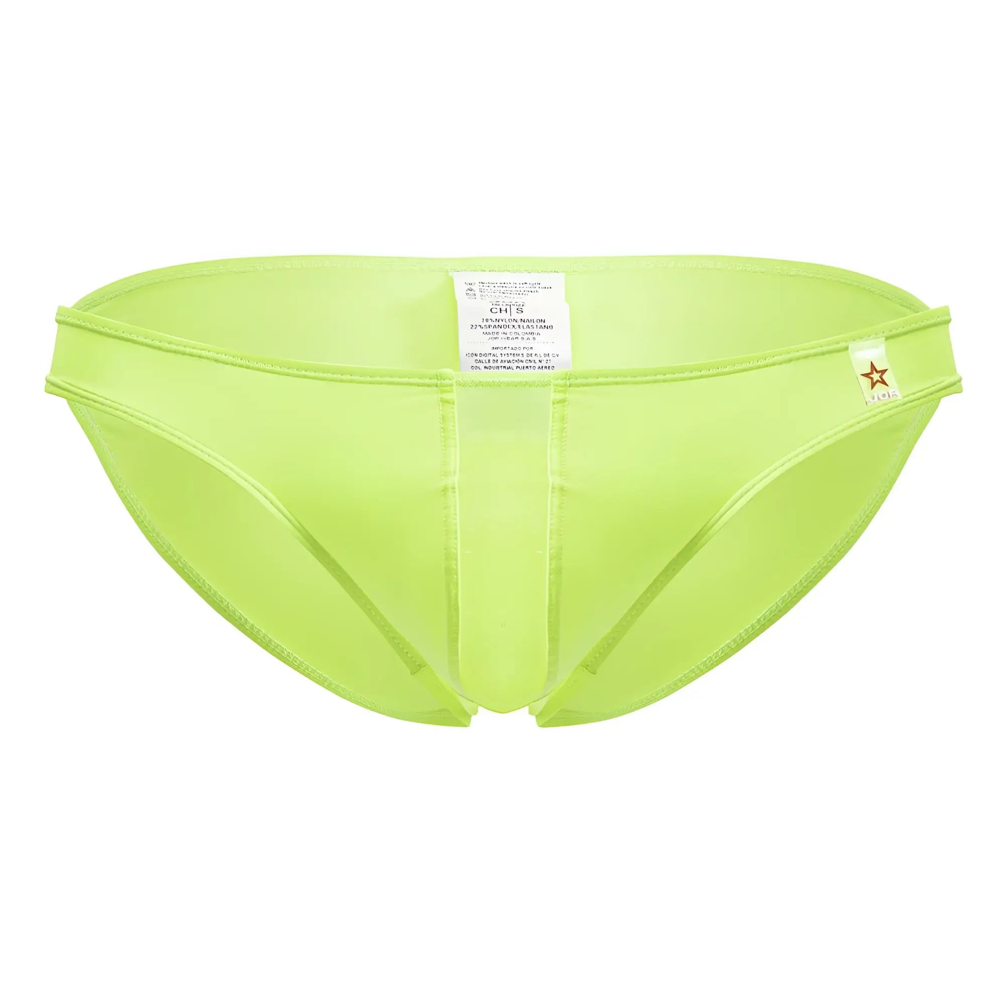 Vibrant lime green men’s briefs with a sleek, form-fitting design and subtle stitching details.