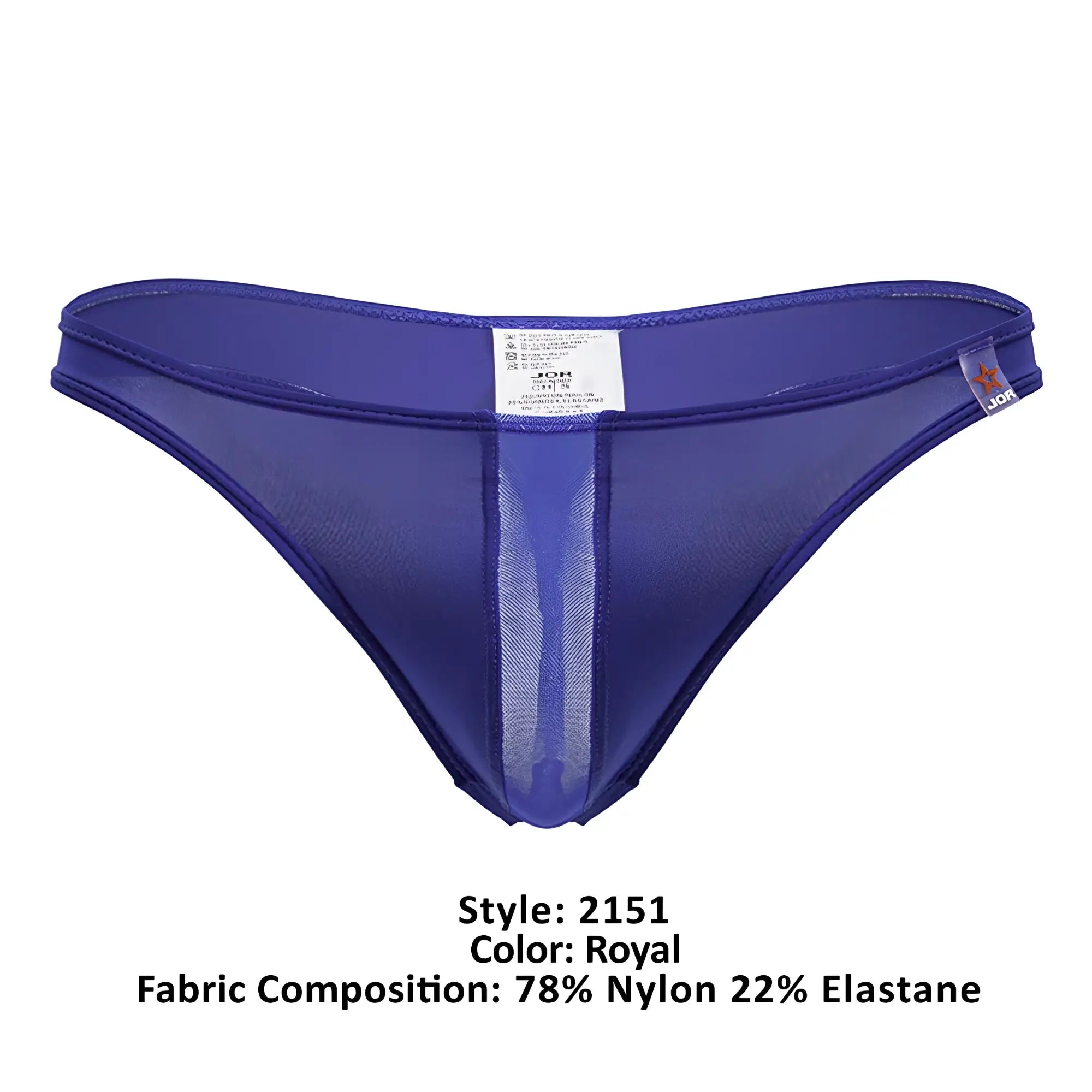 Royal blue jor 2151 apolo thong with sheer mesh, solid fabric panel, and elasticized waistband front view