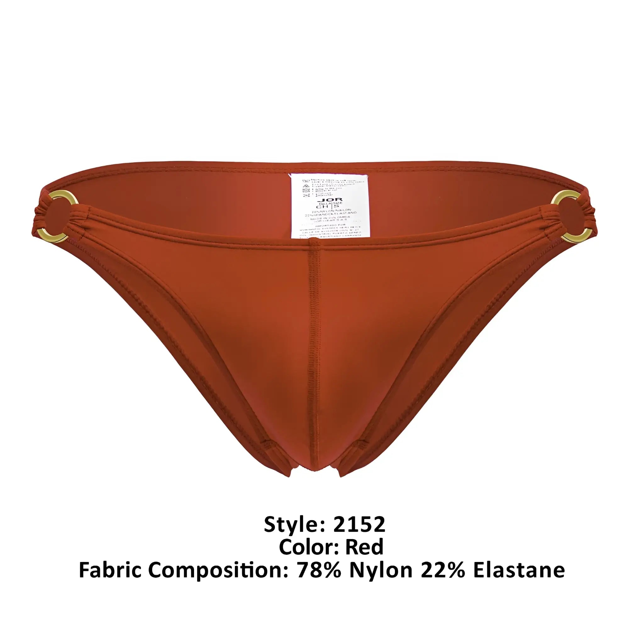 Red jor 2152 magnus bikini bottom in red with gold tone metal rings at the sides showing the back side