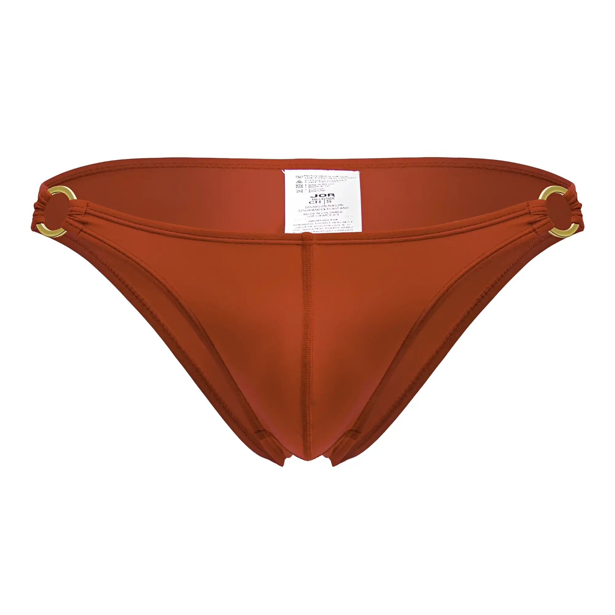 A sleek rust-orange jor 2152 magnus bikini bottom with gold-toned circular hardware at the sides