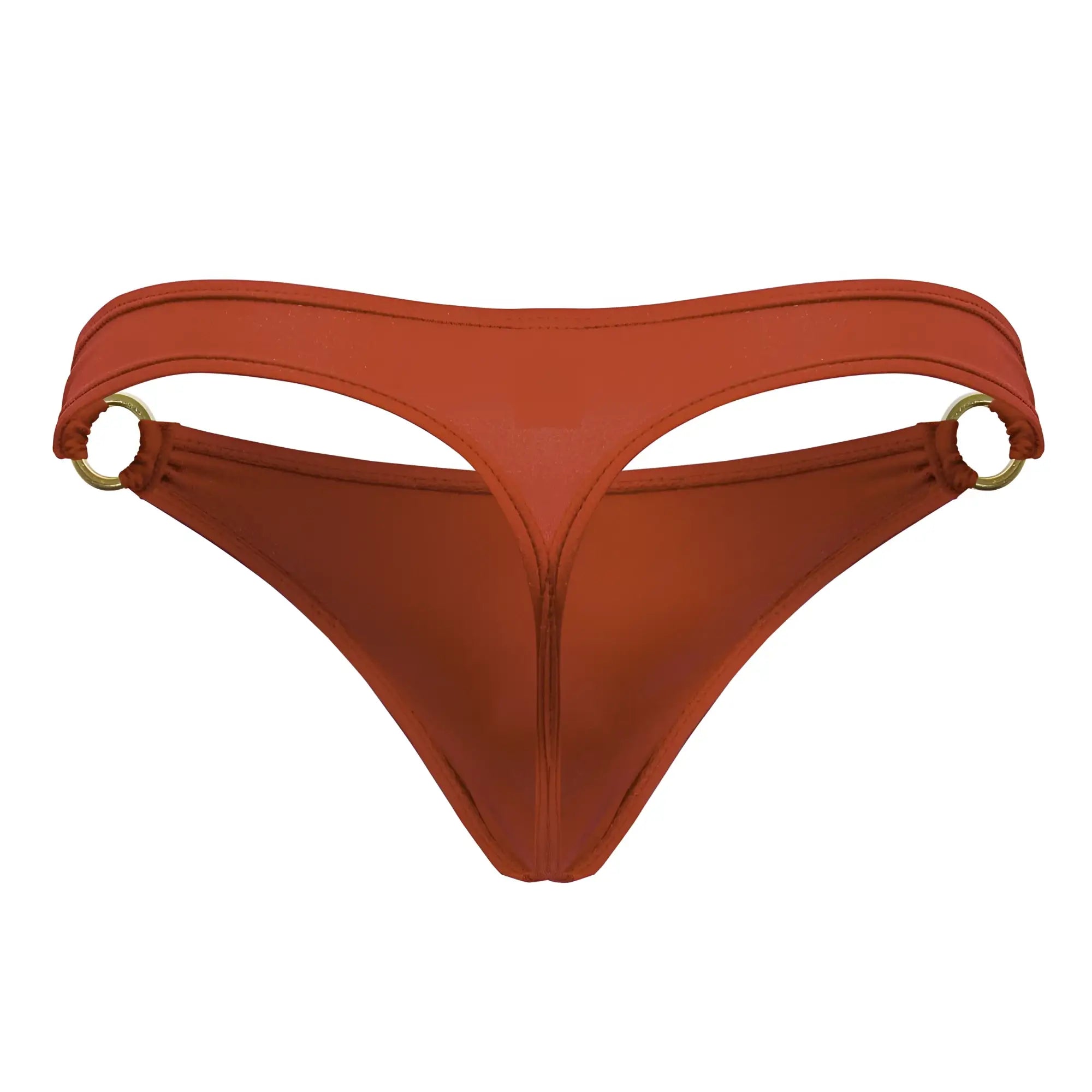 A sleek rust-colored thong bikini bottom with smooth fabric and gold metal rings at the sides jor 2153 magnus thongs red
