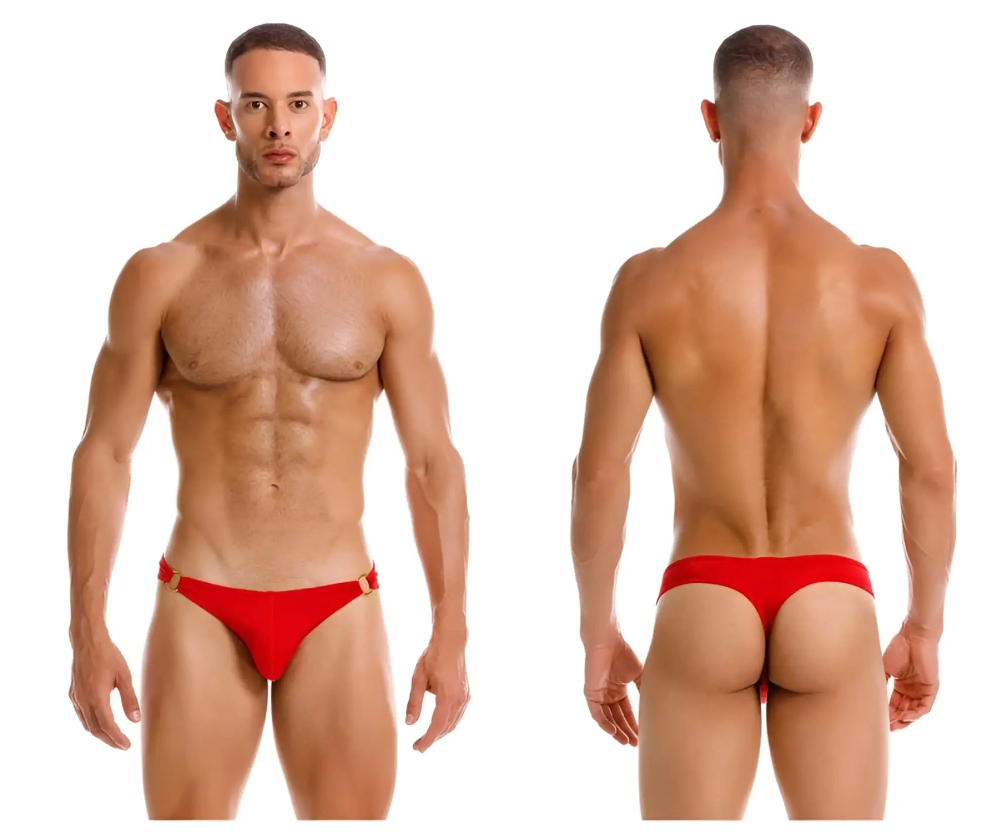 Red magnus thong briefs with gold-tone metal accents designed for comfortable stylish wear