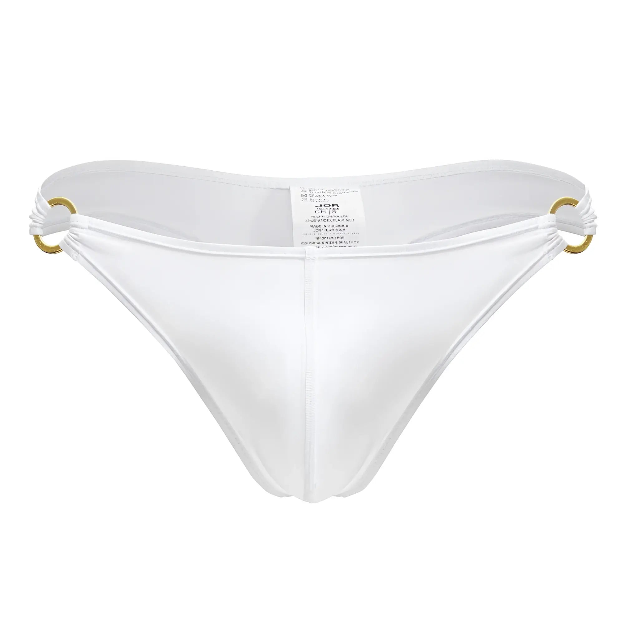 White men’s thong jor 2153 magnus in white with gold-tone metal rings at the sides shown from the back