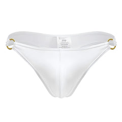 White men’s thong jor 2153 magnus in white with gold-tone metal rings at the sides shown from the back
