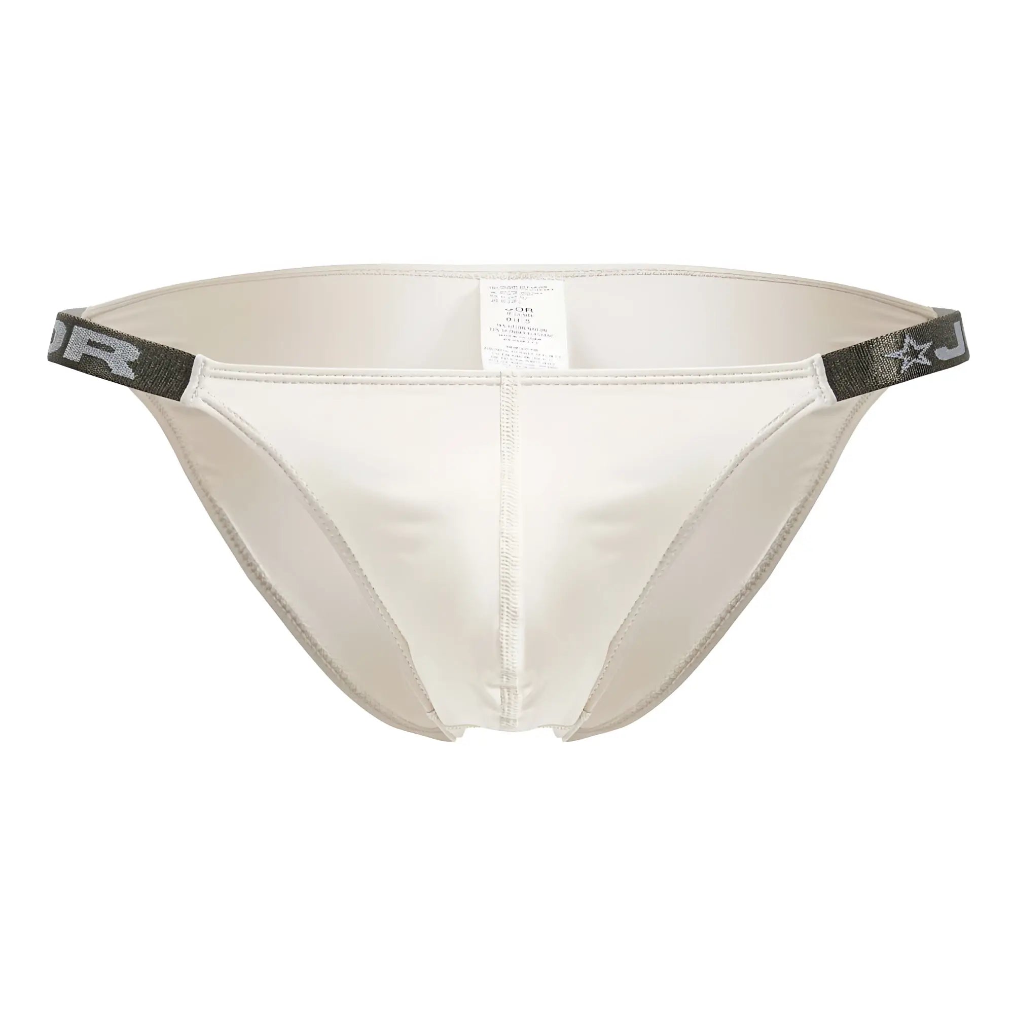 Cream-colored satin briefs jor 2156 eros bikini with sleek fit and dark gray elastic waistband featuring brand logo