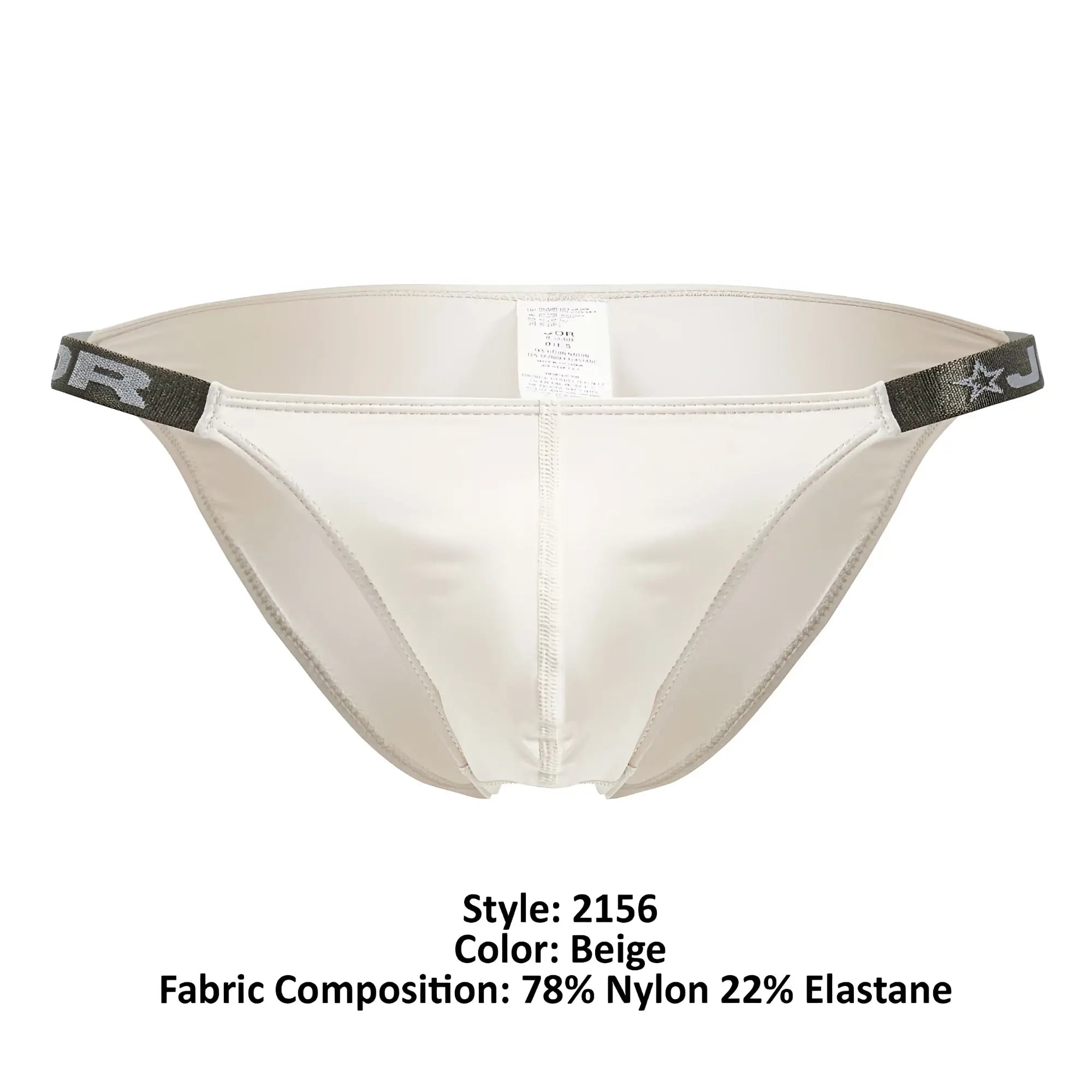 Beige JOR 2156 Eros bikini briefs with satin finish and dark gray elastic waistband featuring a subtle star logo