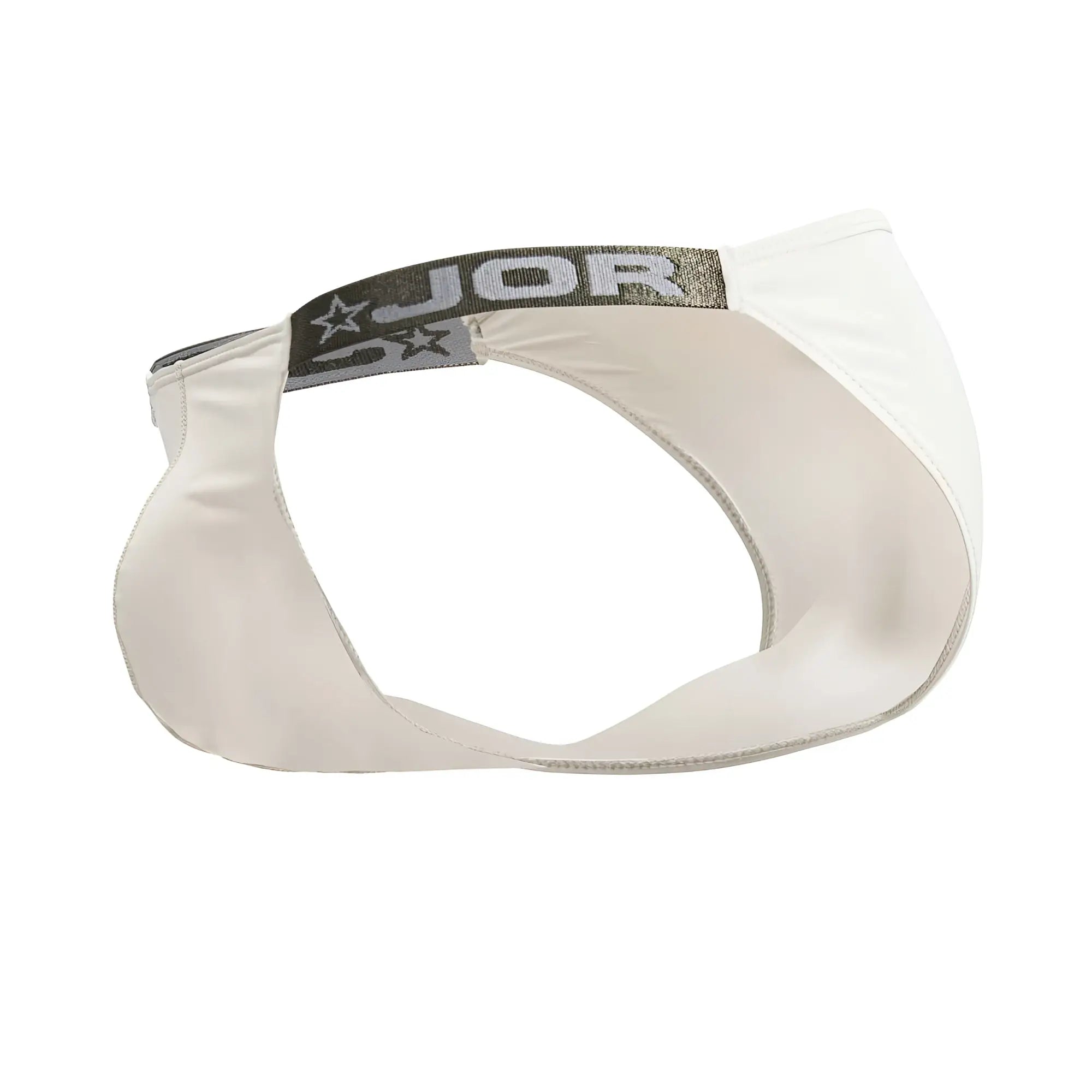 White jor 2156 eros bikini briefs in beige with satin finish and gray waistband featuring the jor logo and stars
