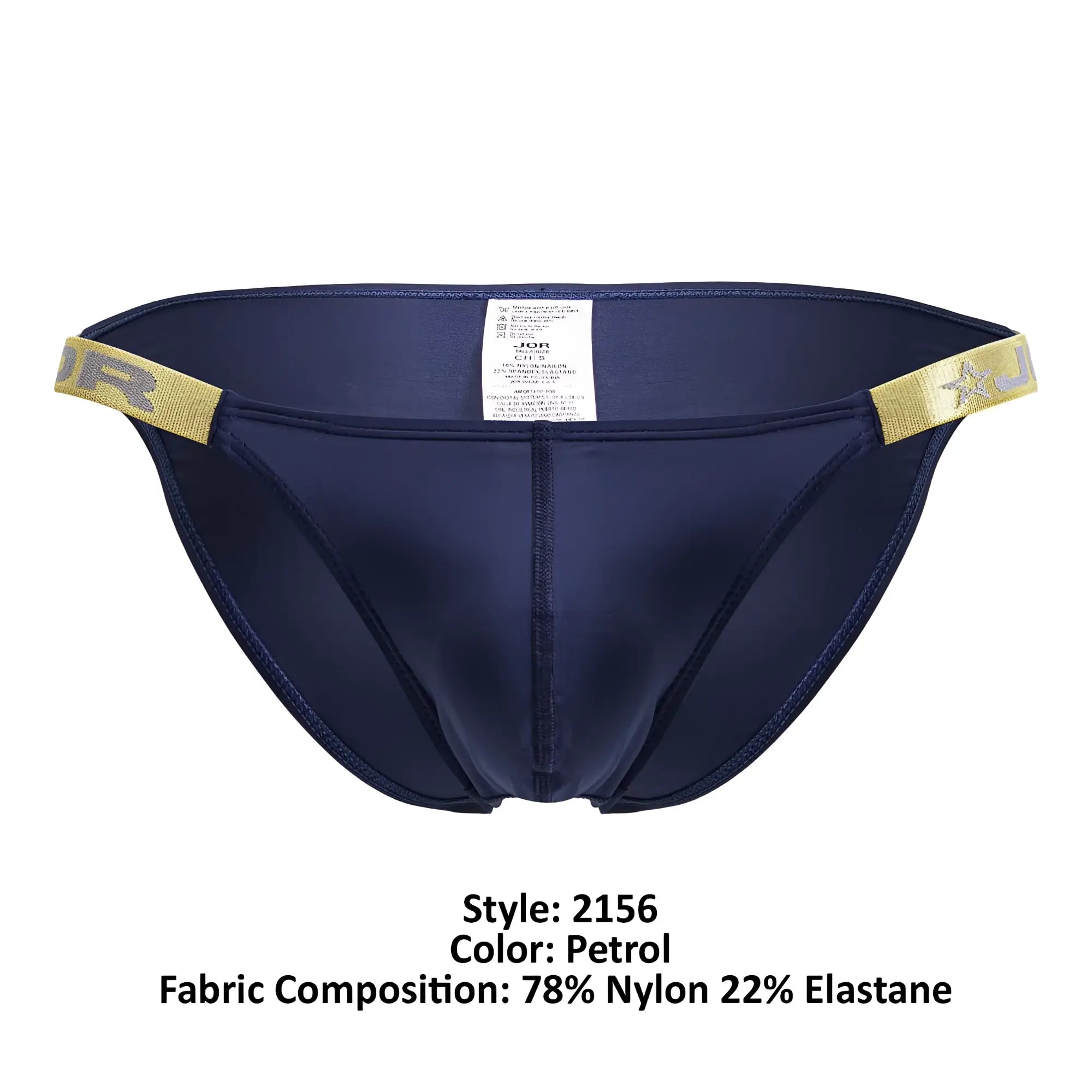 Petrol-colored jor 2156 eros bikini briefs with gold-trimmed waistband and sleek form-fitting design