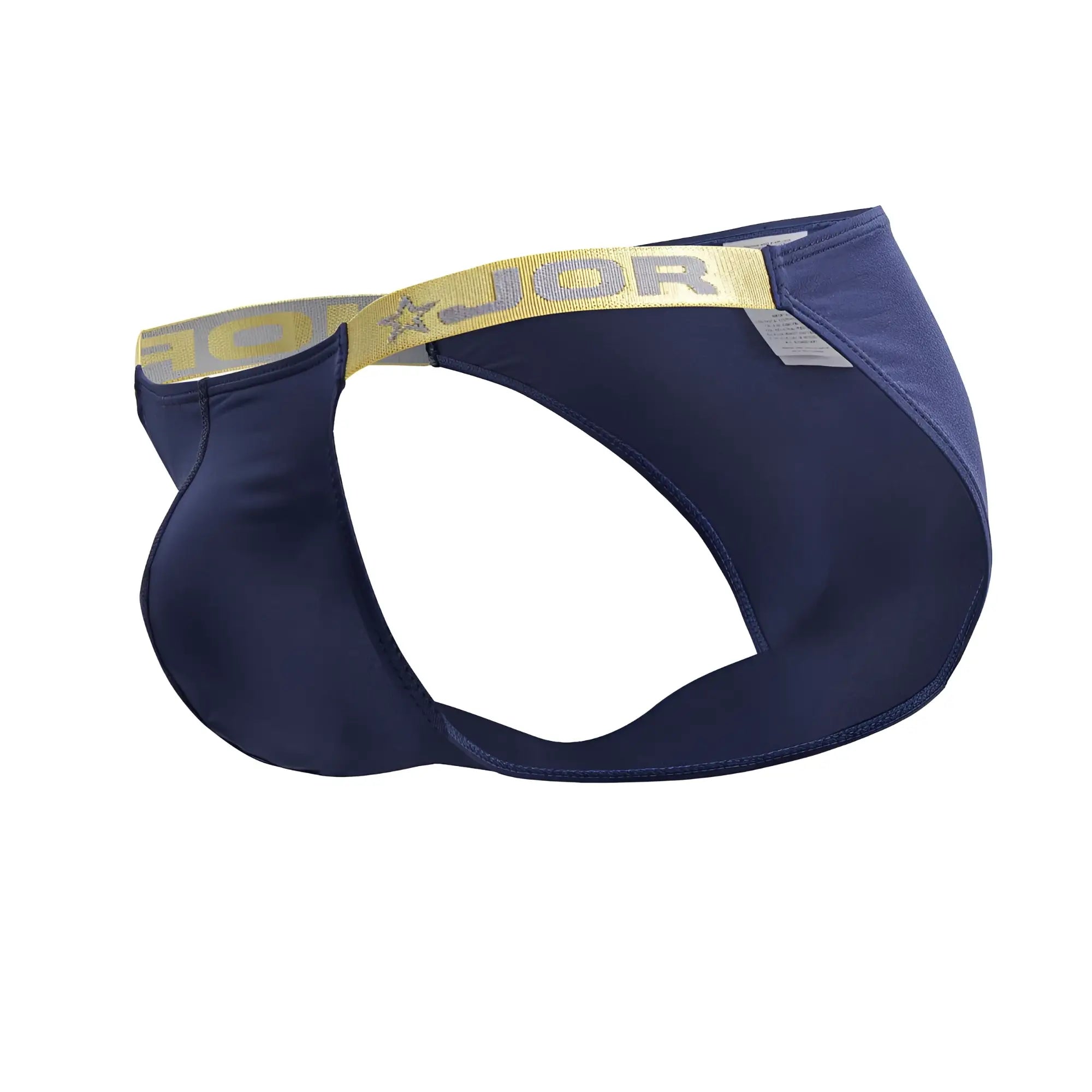 Navy blue jor 2156 eros bikini briefs with gold and gray elastic waistband featuring the brand logo in petrol color